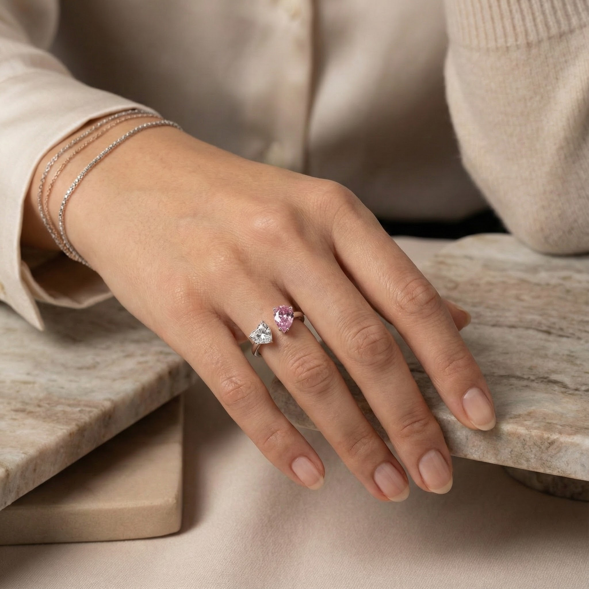 Heart Shaped Pear Two Stone Open Ring Alexandrite Ring