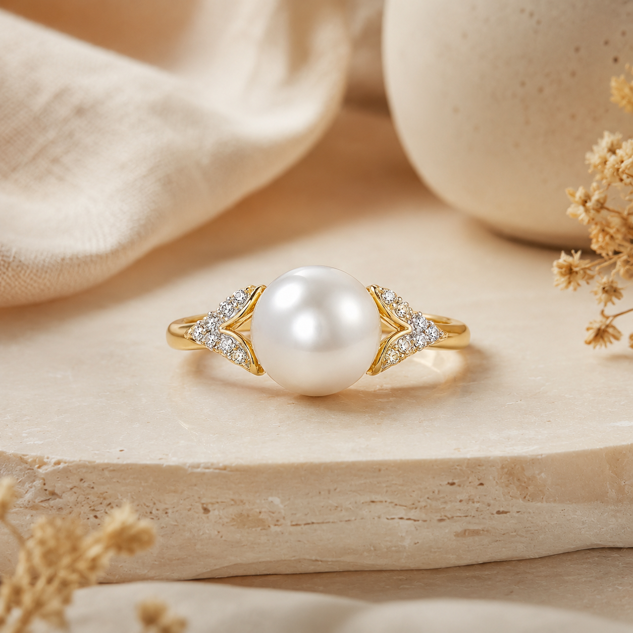 Pearl Ring in Gold with Moissanite Accent Stones