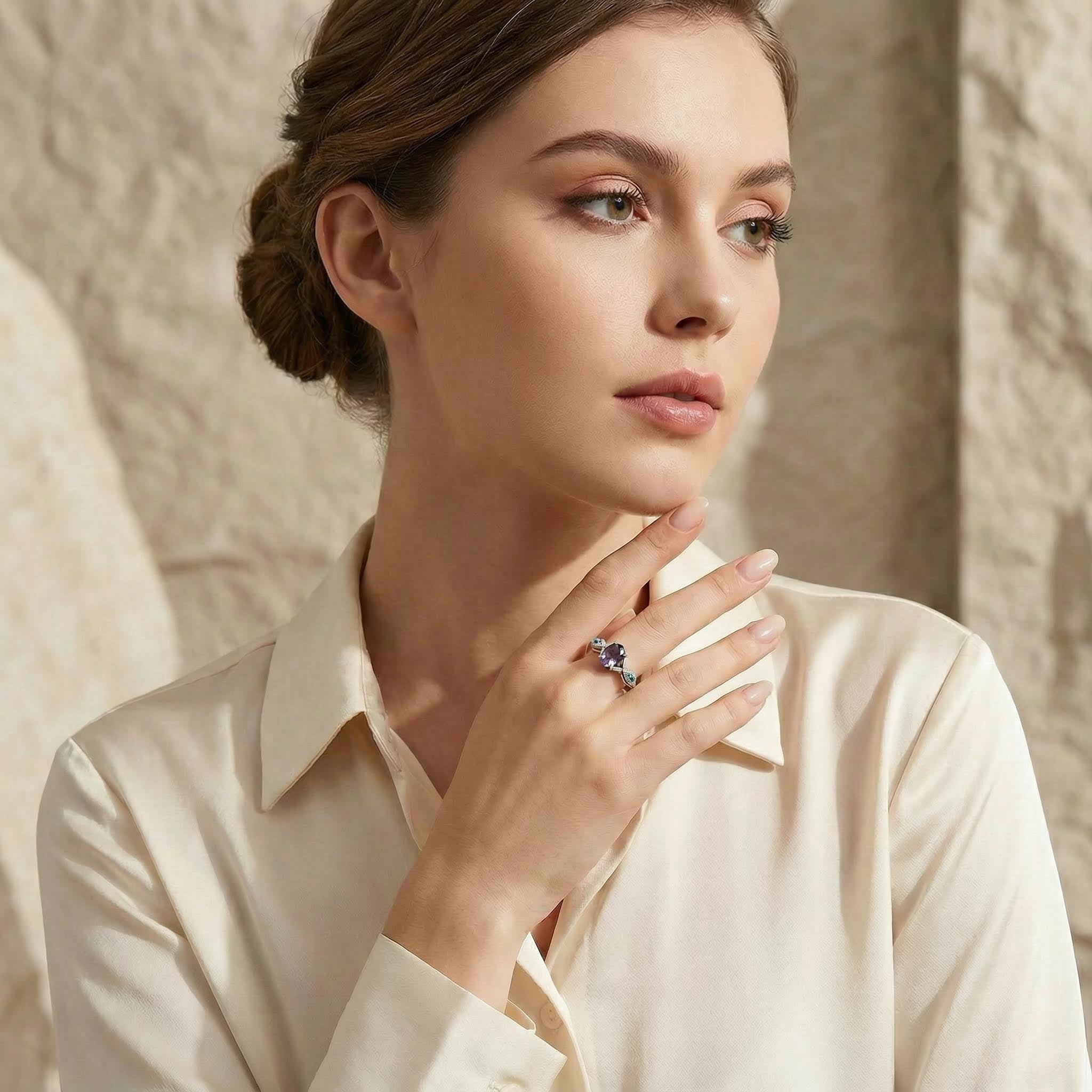 LUMINA - Oval Lab Alexandrite White Gold Textured Ring Unusual Engagement Ring