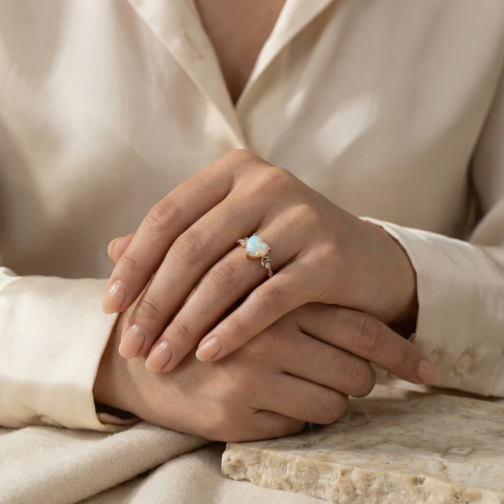 Heart Lab Opal and Moissanite Ring Opal Enagegment Ring Unique Ring