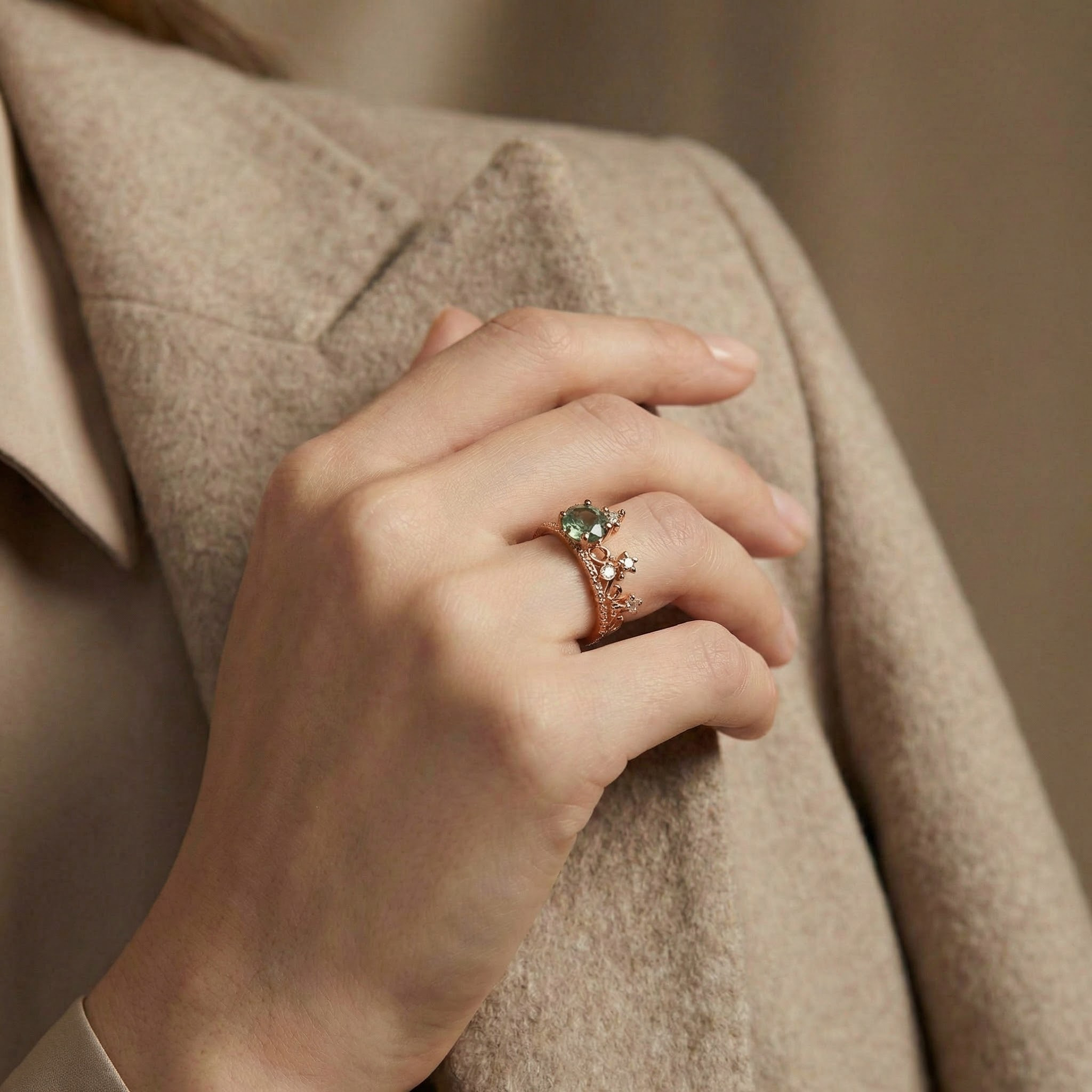 Detailed view of Round Moss Agate Ring in Rose Gold