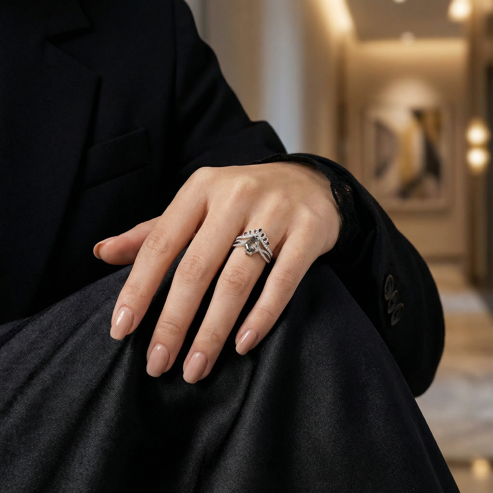 LUMINA - Black Rutilated Quartz White Gold Ring Set Luxury White Gold Ring Wedding