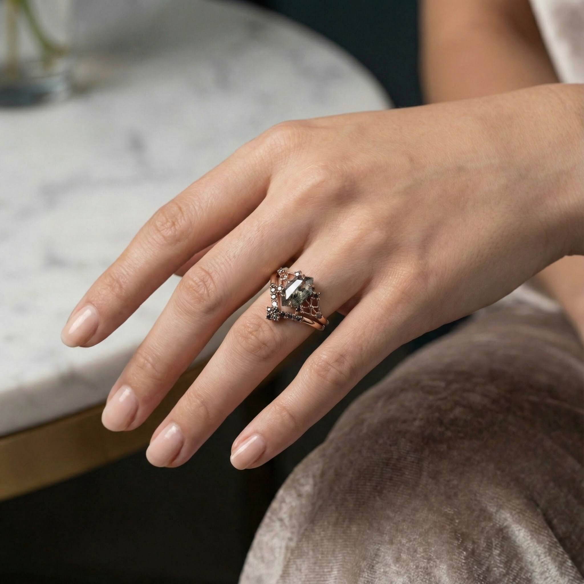 2 Carat Long Hexagonal Salt and Pepper Diamond Engagement Ring Set