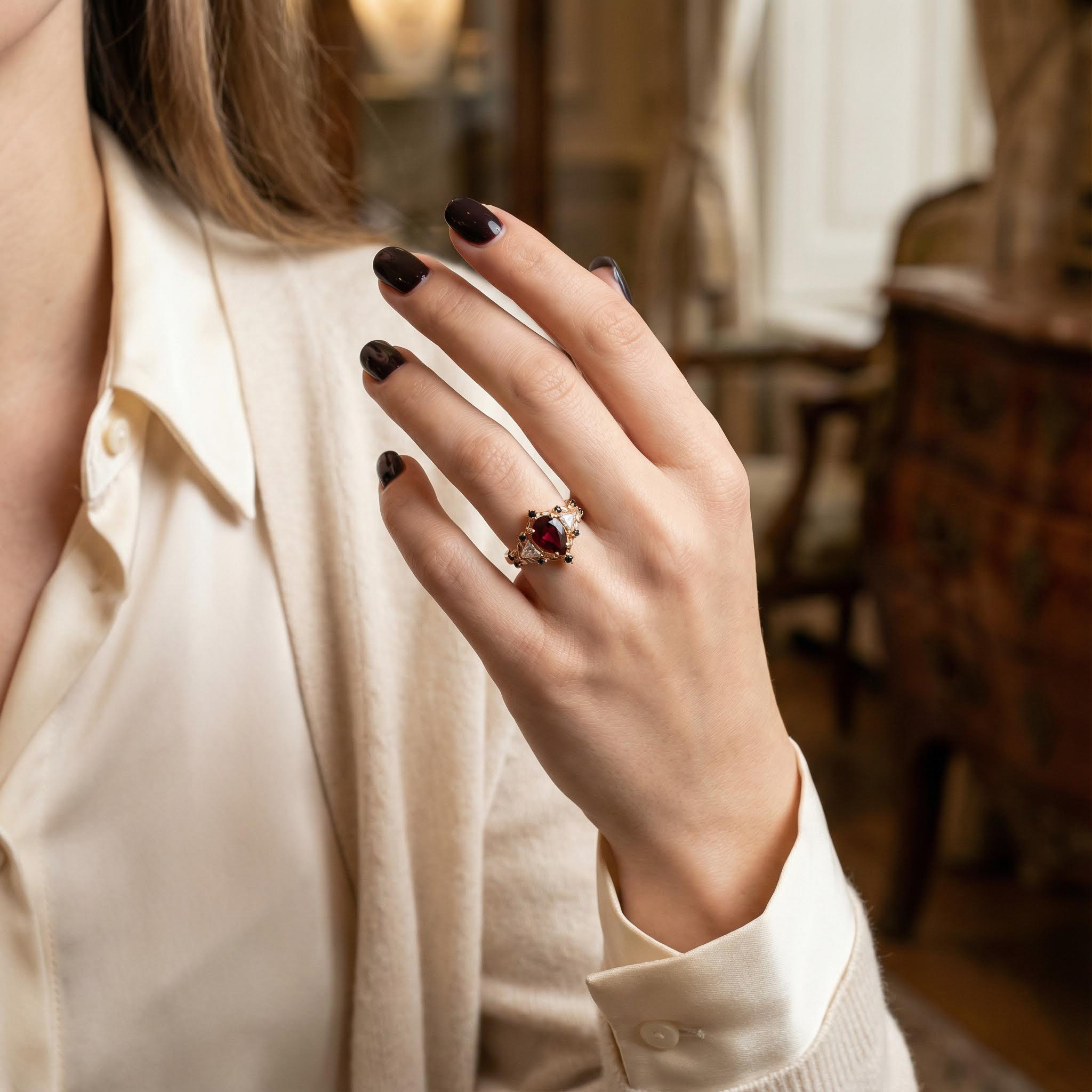 Three-Stone Unique Pear Shaped Garnet Rose Gold Ring with Moissanite&Black Onyx Engagement Ring