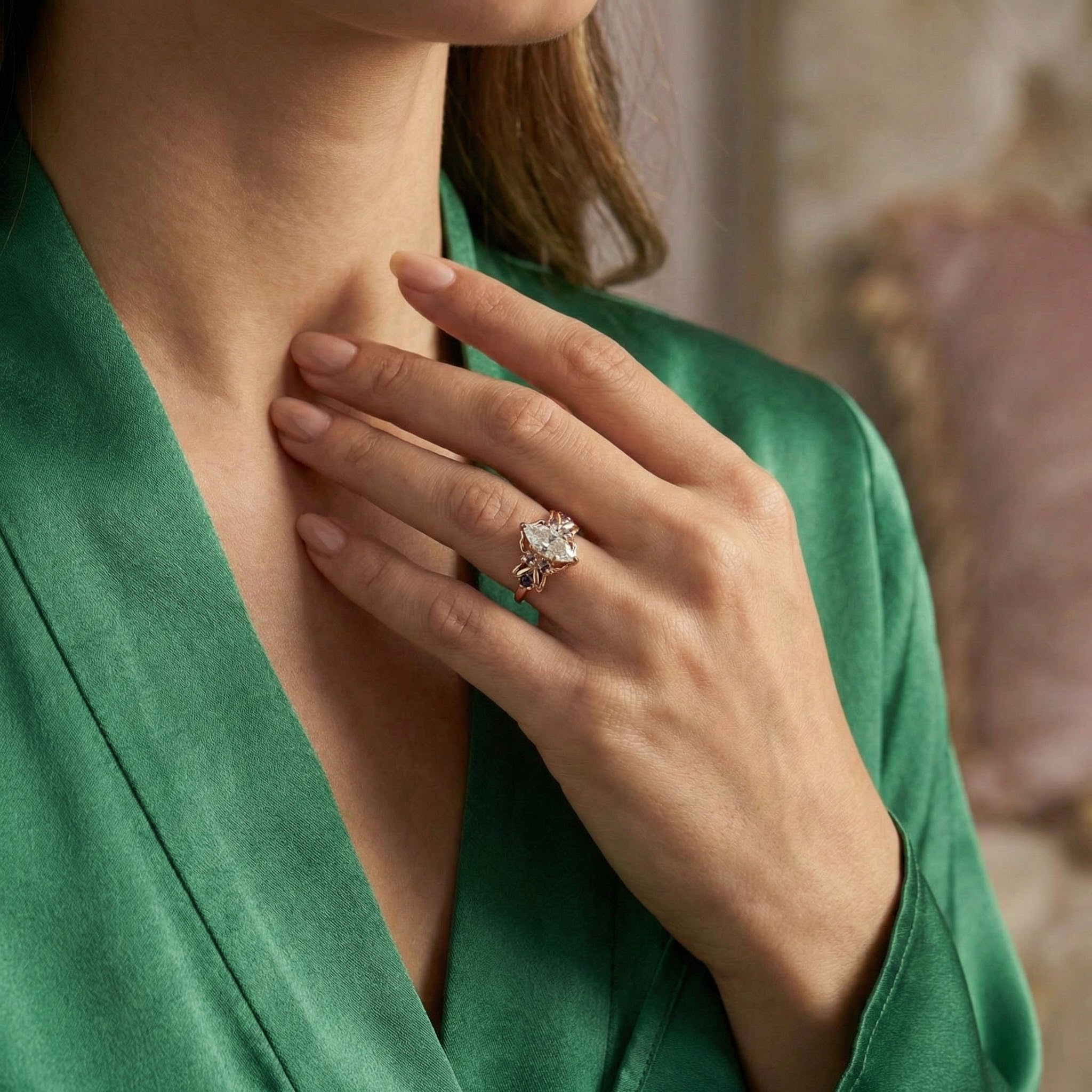 Marquise Moissanite Ring with Amethyst - Exquisite Engagement Jewelry