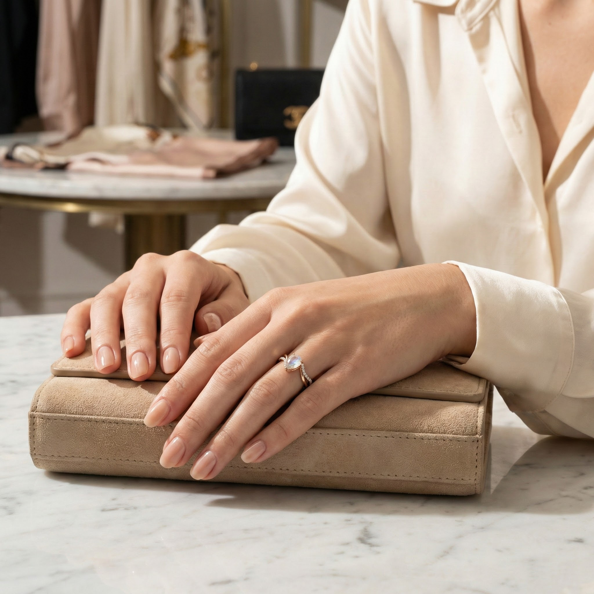 Luxurious moonstone engagement ring featuring pear cut stone