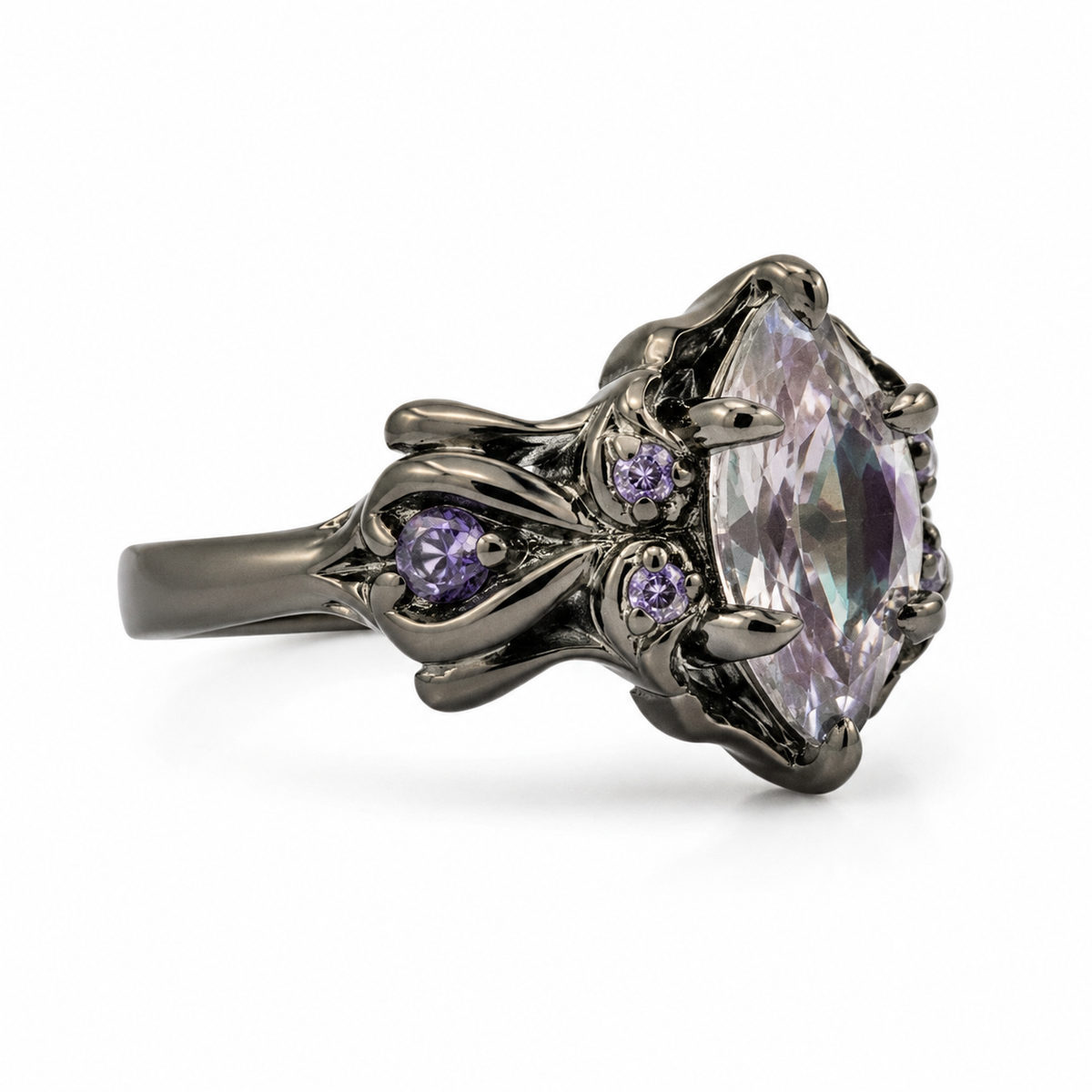 Marquise Alexandrite Personalized Engagement Ring with Amethyst Accents in Black Gold