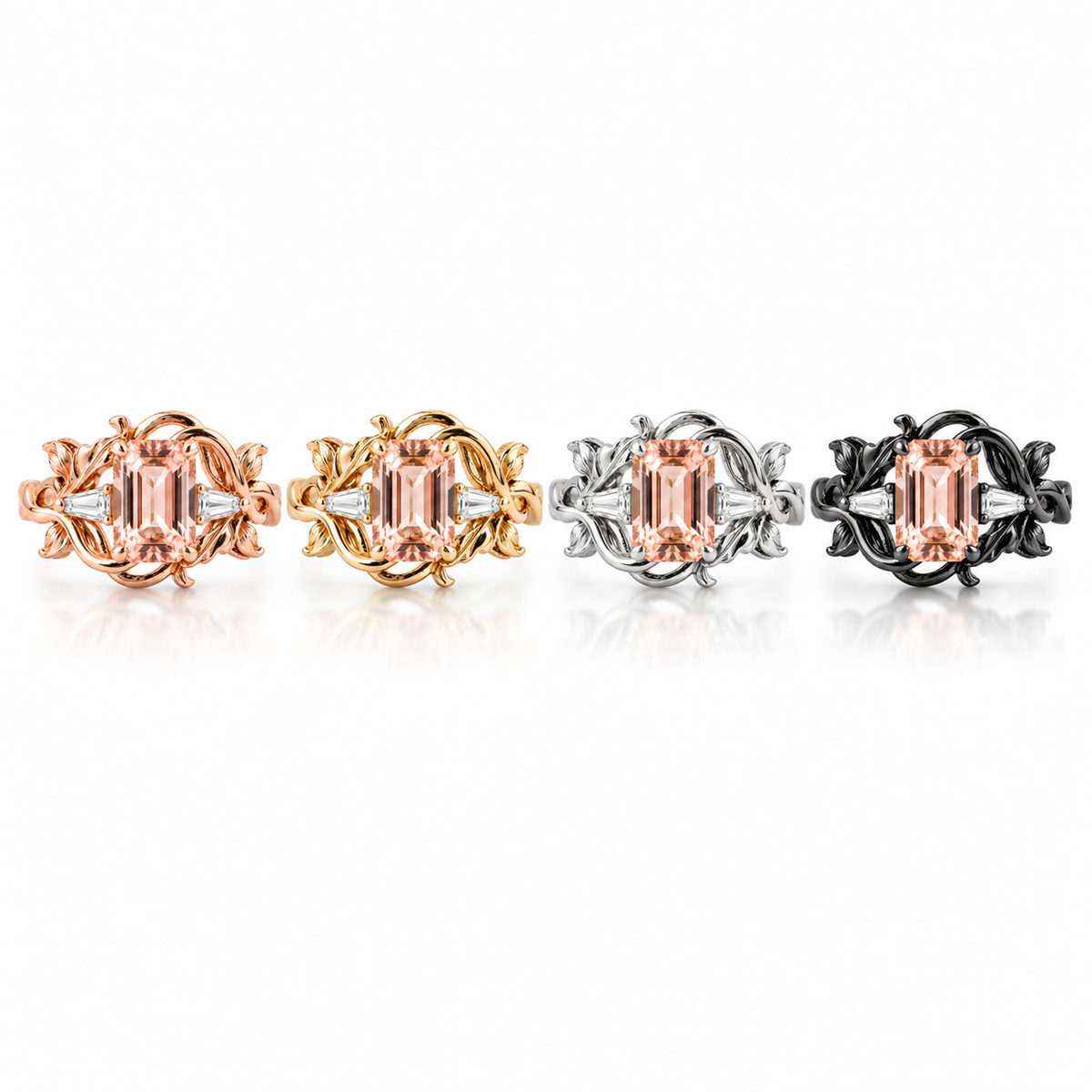 Lab-grown Padparadscha leaf ring in yellow gold on white background