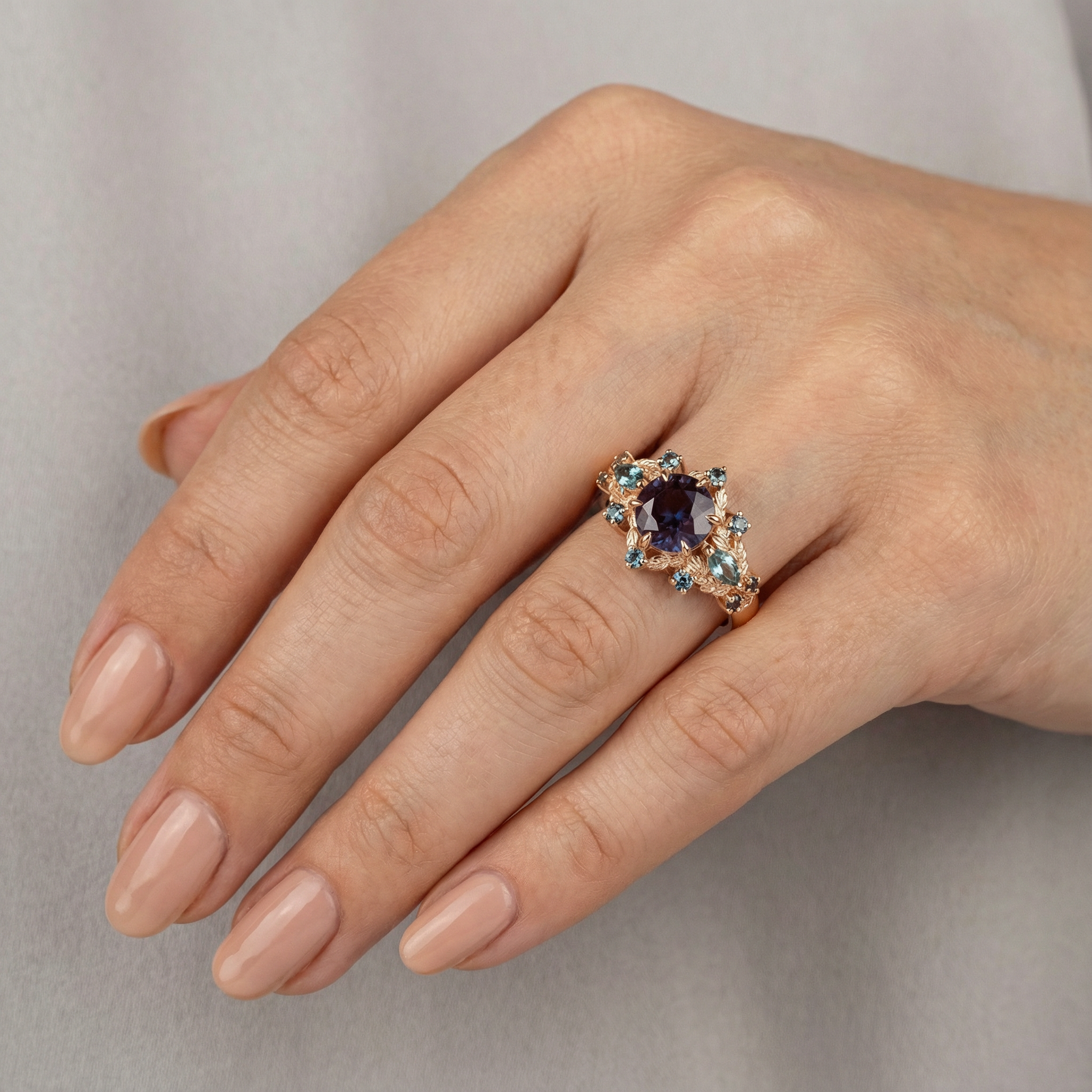 Detailed view of Round Alexandrite Ring in Rose Gold