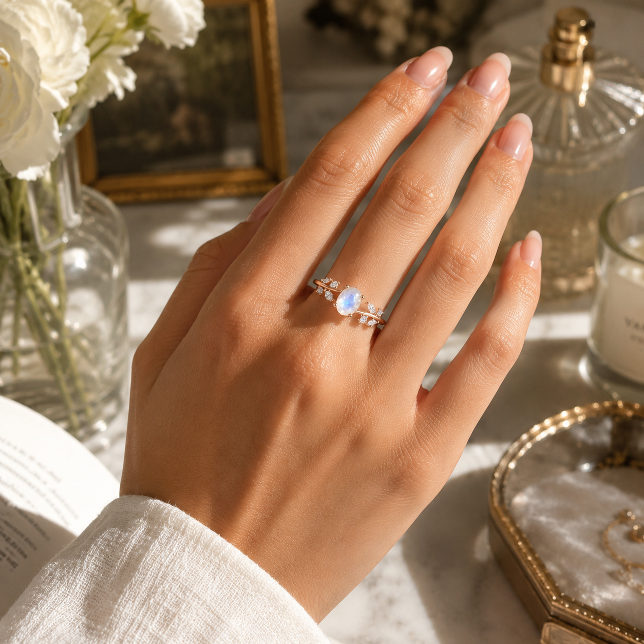 Moonstone leaf ring worn by female model