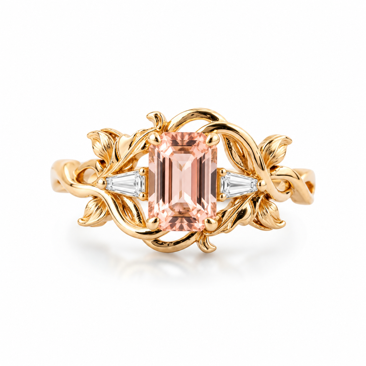 Lab-grown Padparadscha leaf ring in yellow gold on white background