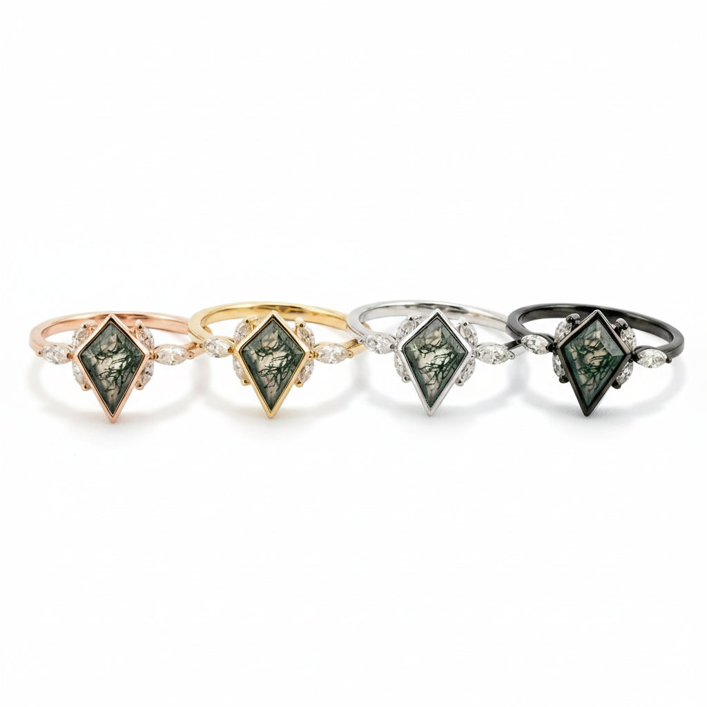 Lifestyle view of Kite Cut Moss Agate Ring in Gold