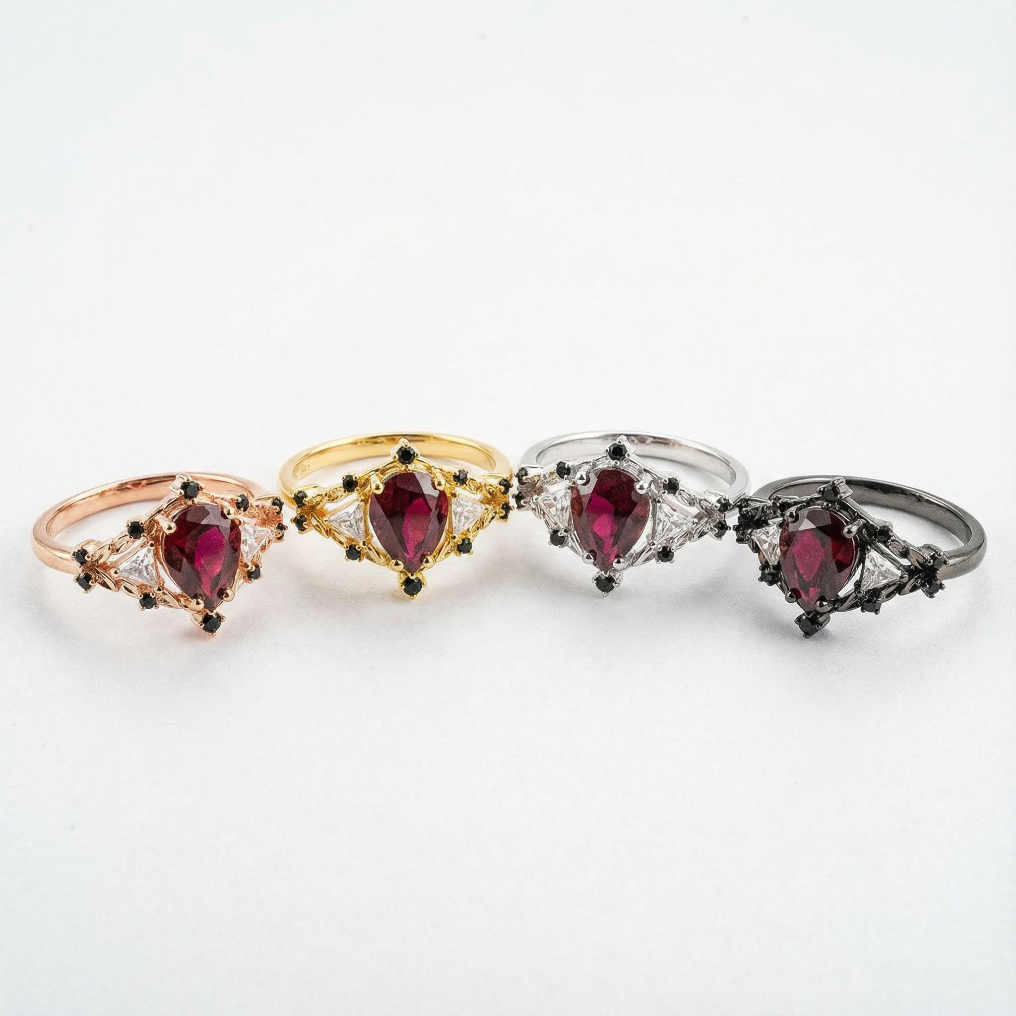 Three-Stone Unique Pear Shaped Garnet Rose Gold Ring with Moissanite&Black Onyx Engagement Ring