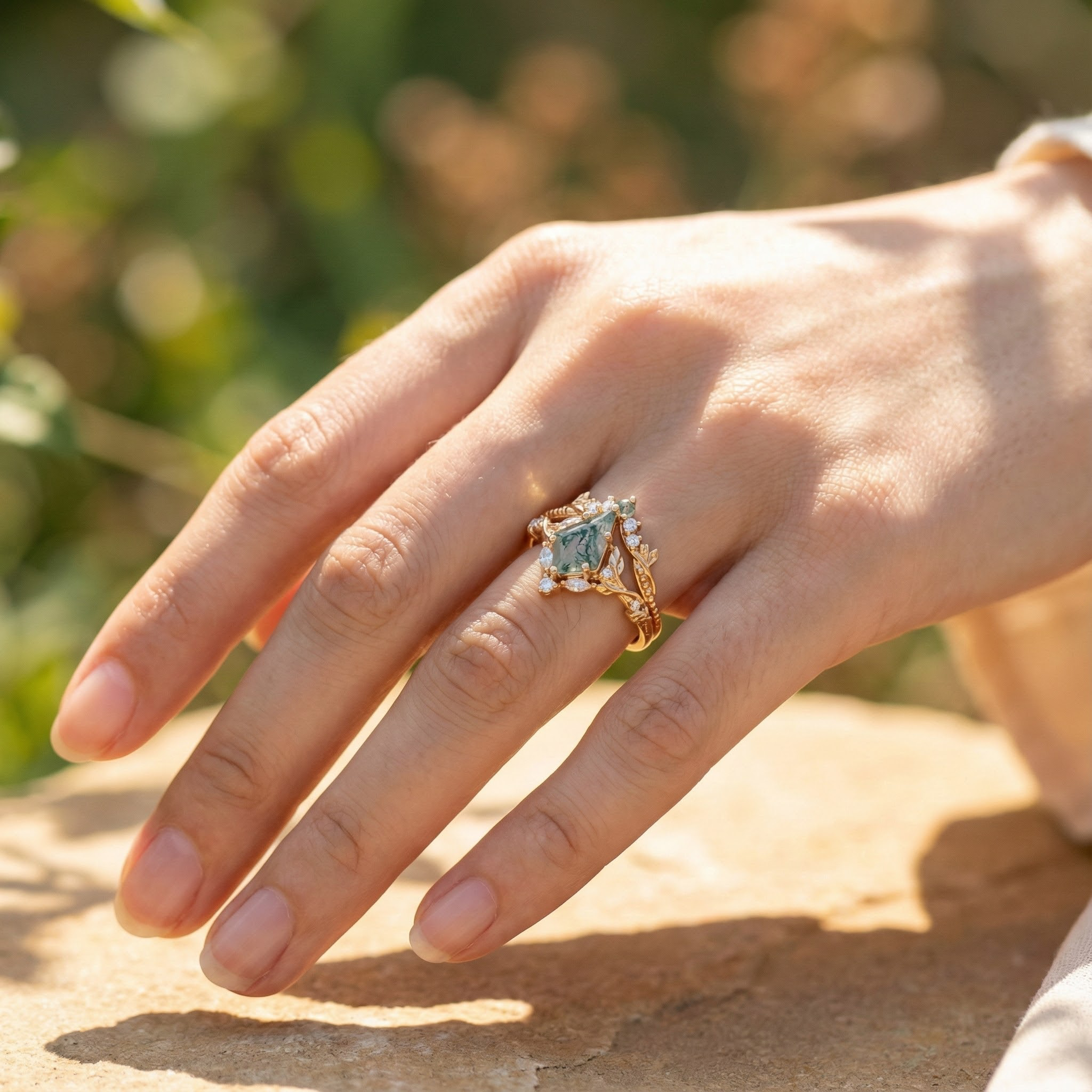 Kite Moss Agate Nature Inspired Delicate Engagement Ring Set Floral Ring Set