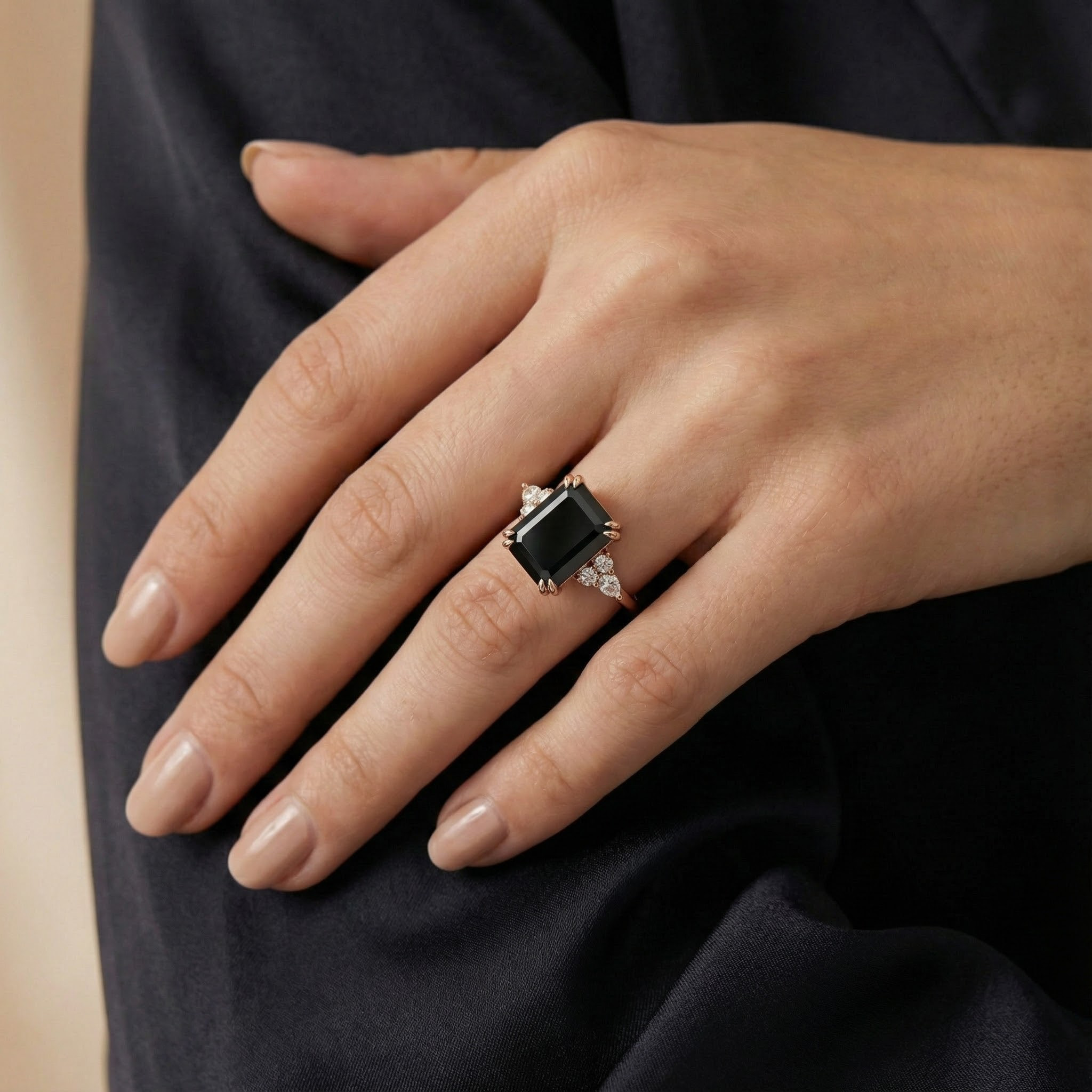 Beautiful Rose Gold Engagement Ring with Black Onyx Stone