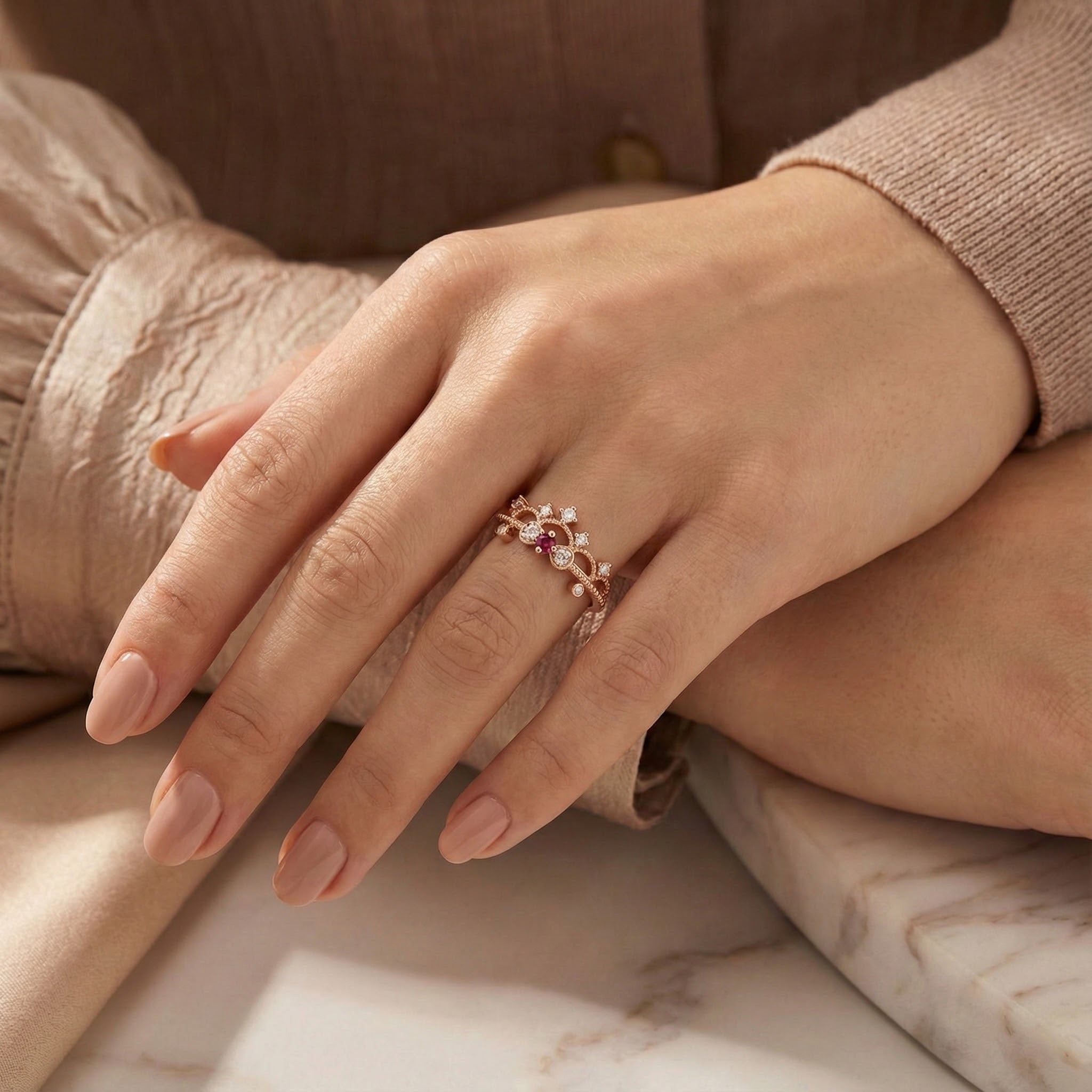 Garnet Personalized Rose Gold Ring/Side Ring Crown Design Ring Match Ring