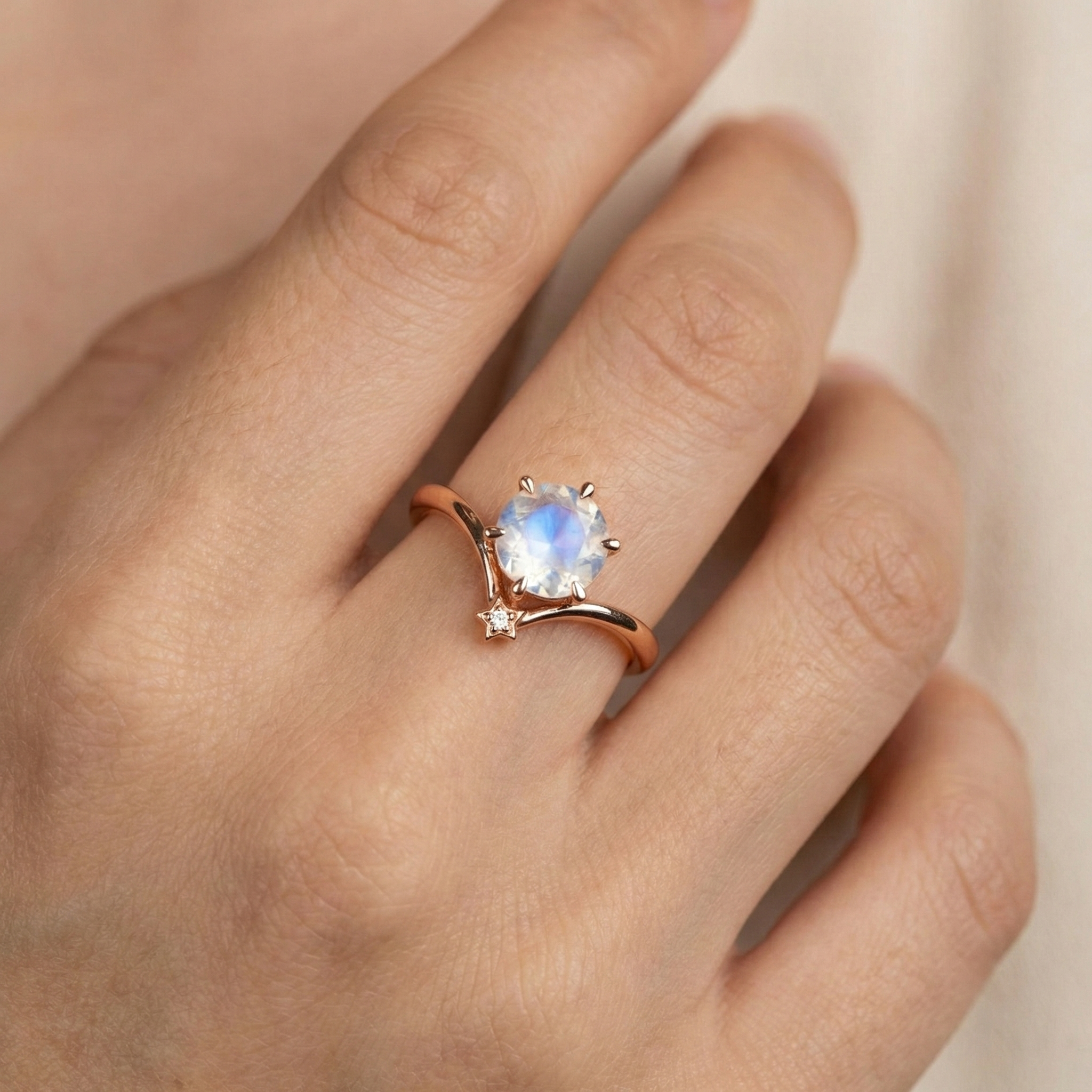 Lifestyle view of Round Moonstone Engagement Ring in Gold