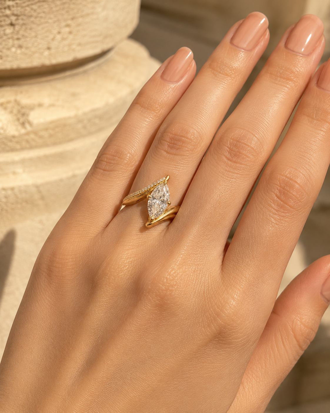 Angled view of Marquise Lab-Grown Diamond Ring in Gold