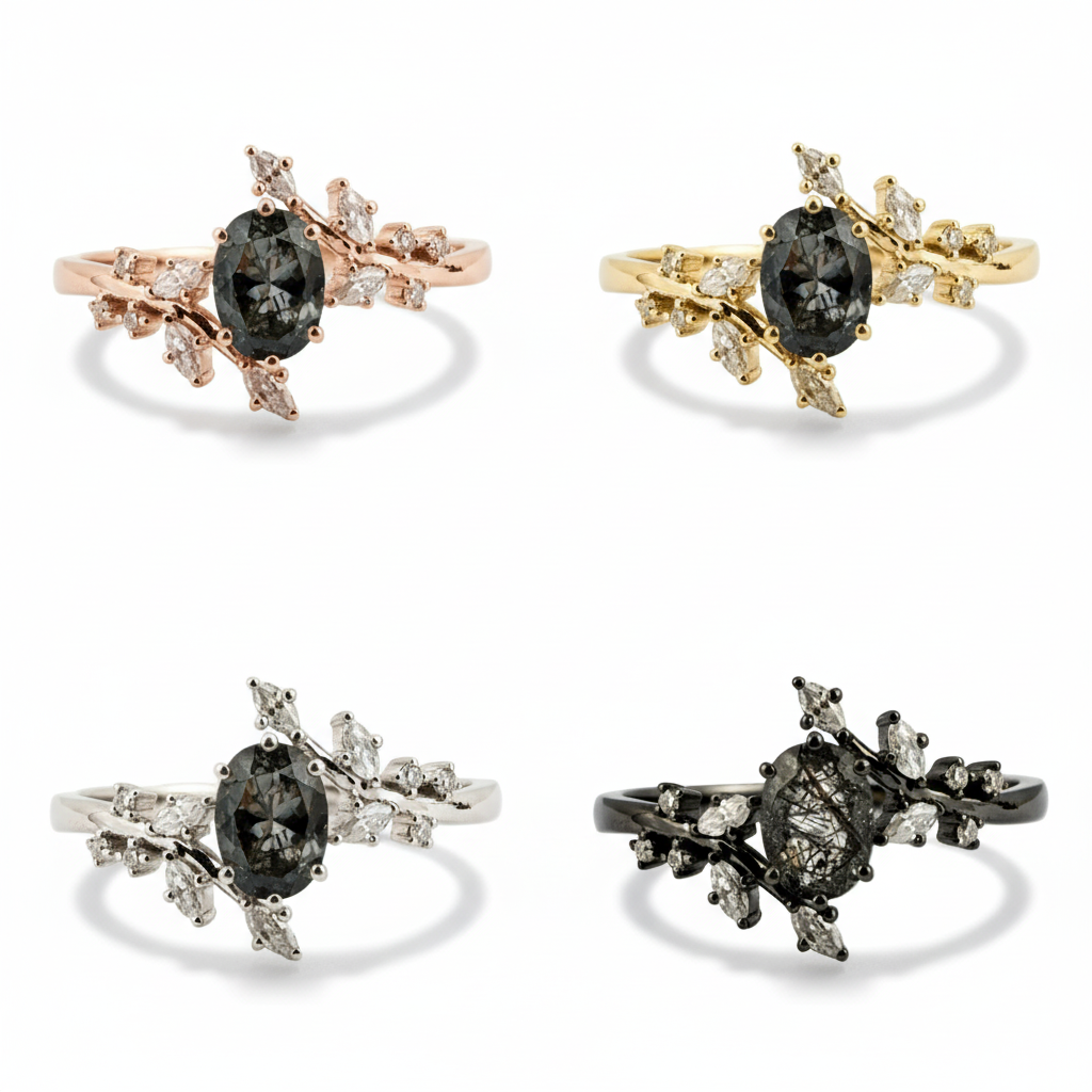 Lifestyle view of Oval Black Rutilated Quartz Engagement Ring in White Gold