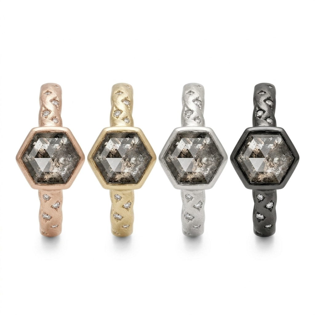 2ct Hexagon Salt and Pepper Diamond Textured Gold Ring