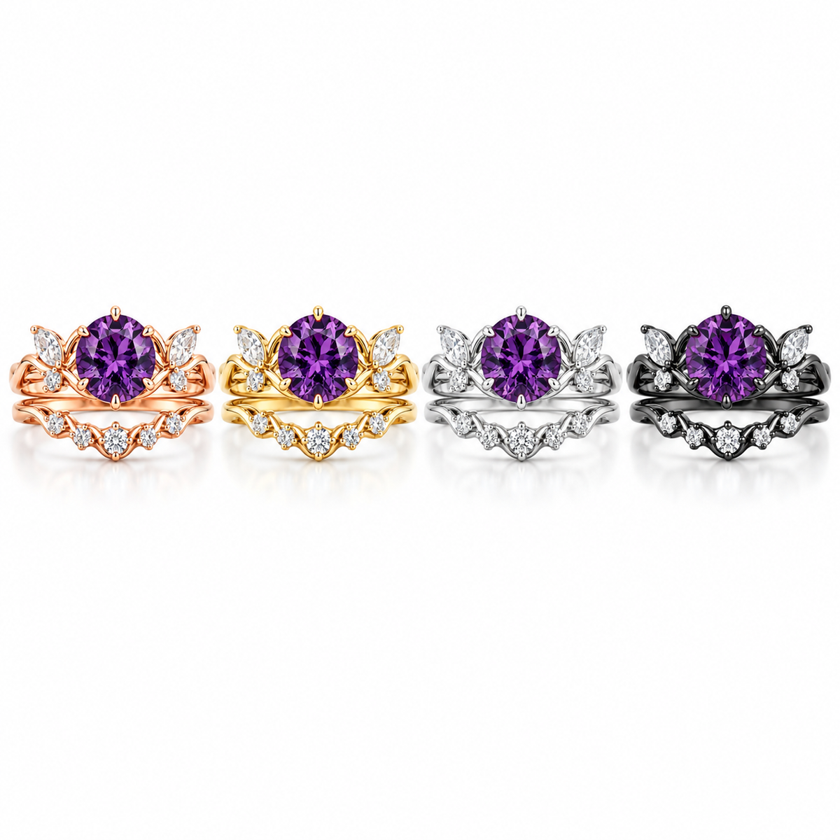 Amethyst engagement ring and matching contoured wedding band stacked together