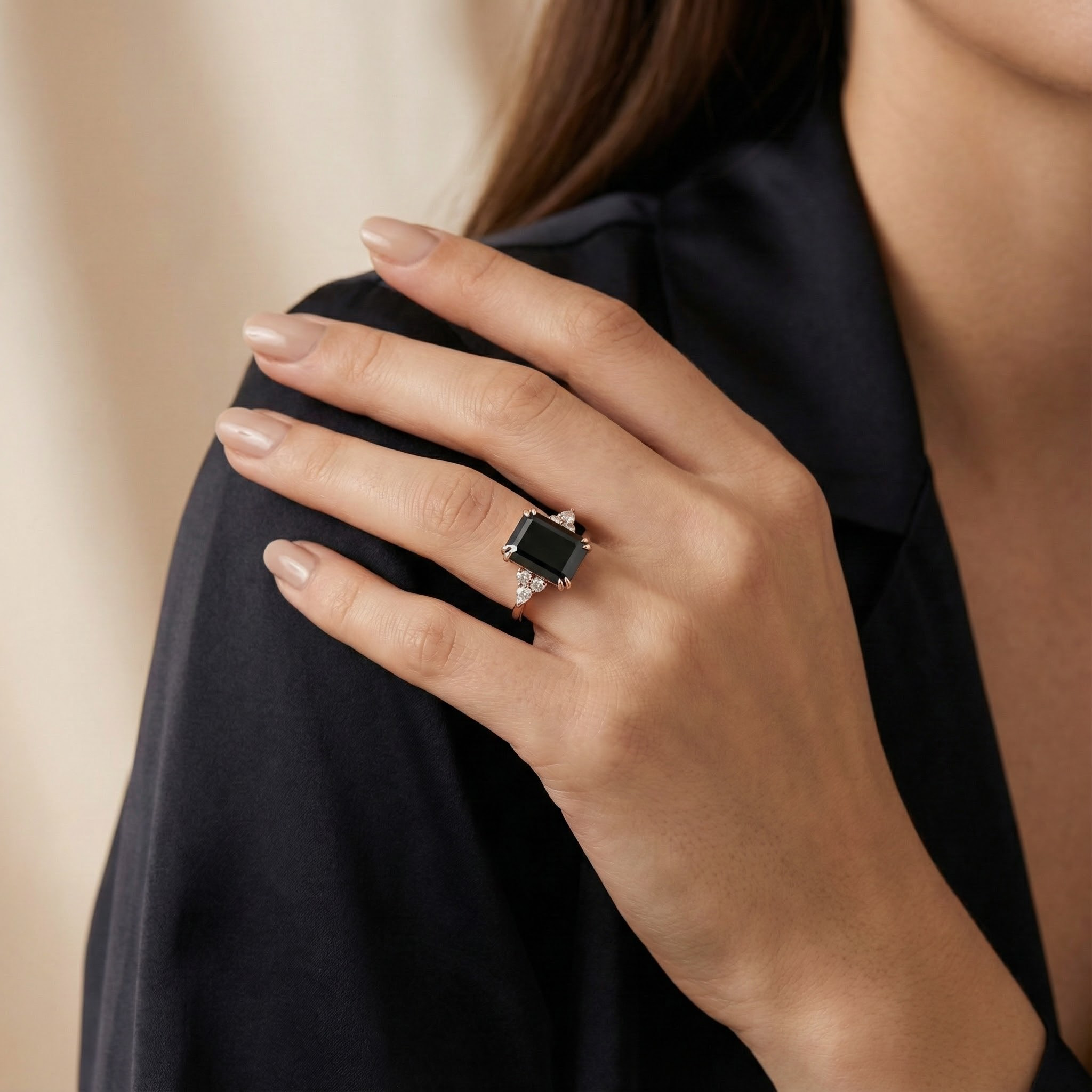 Beautiful Rose Gold Engagement Ring with Black Onyx Stone