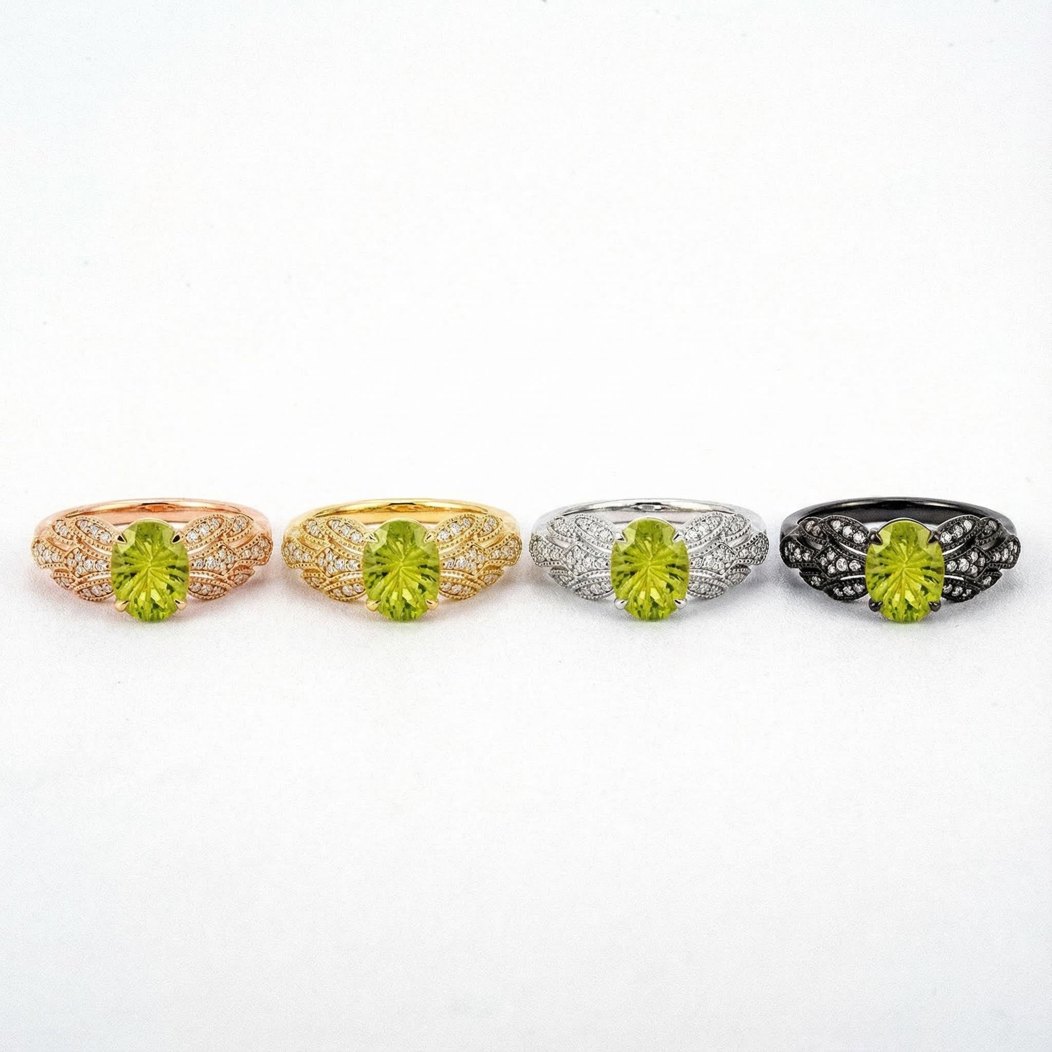 AETHER - Fireworks Cut Oval Peridot Rose Gold Moissanite Ring Green Gems Ring