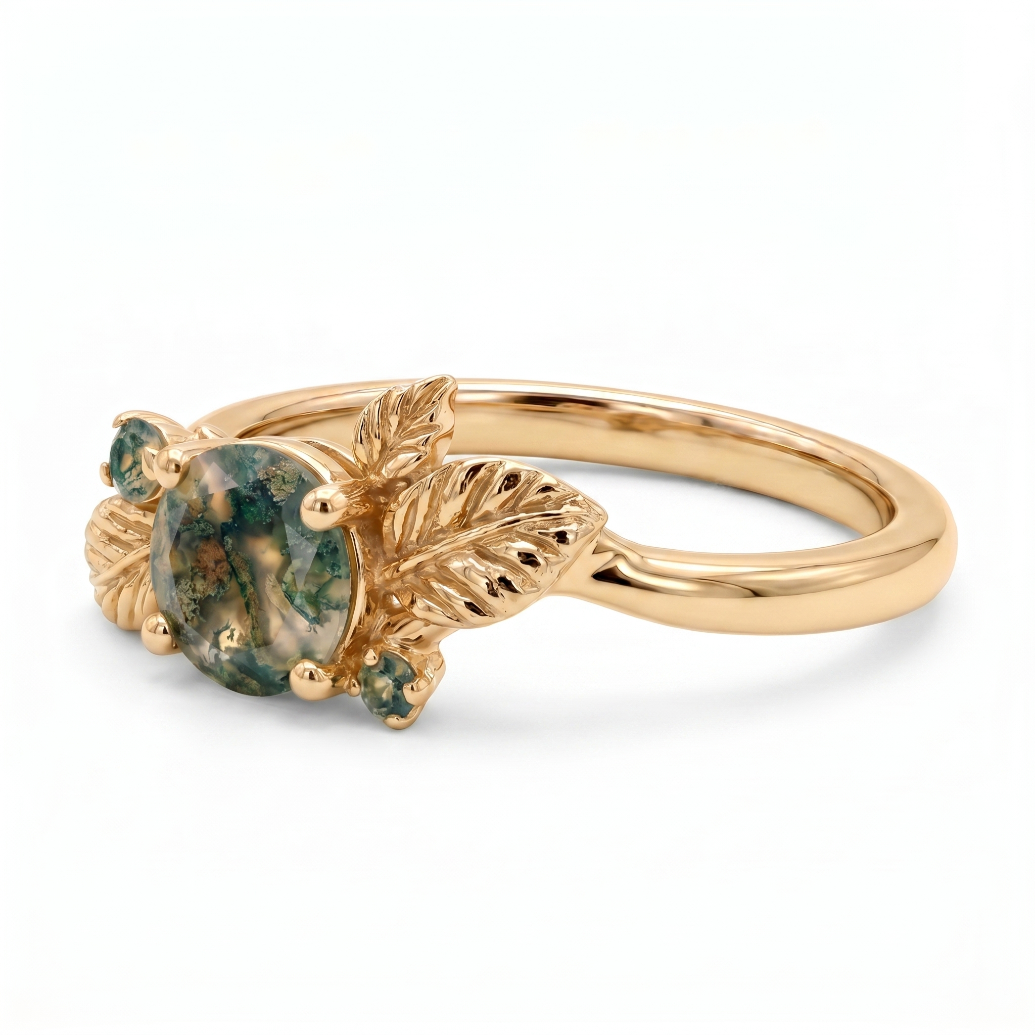 Lifestyle view of Round Moss Agate Ring in Gold