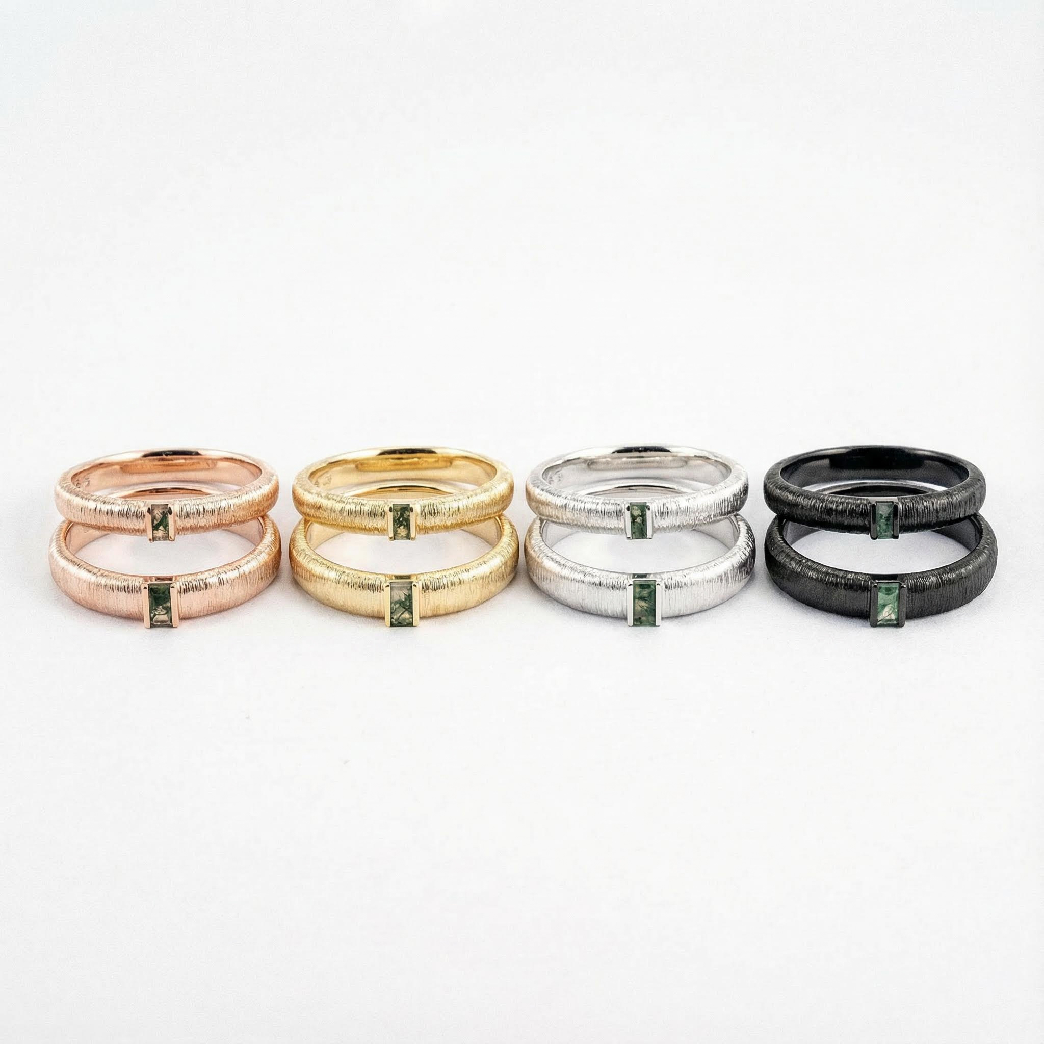 White Gold Textured Couple Ring with Moss Agate Promise Rings Unique Couple Ring