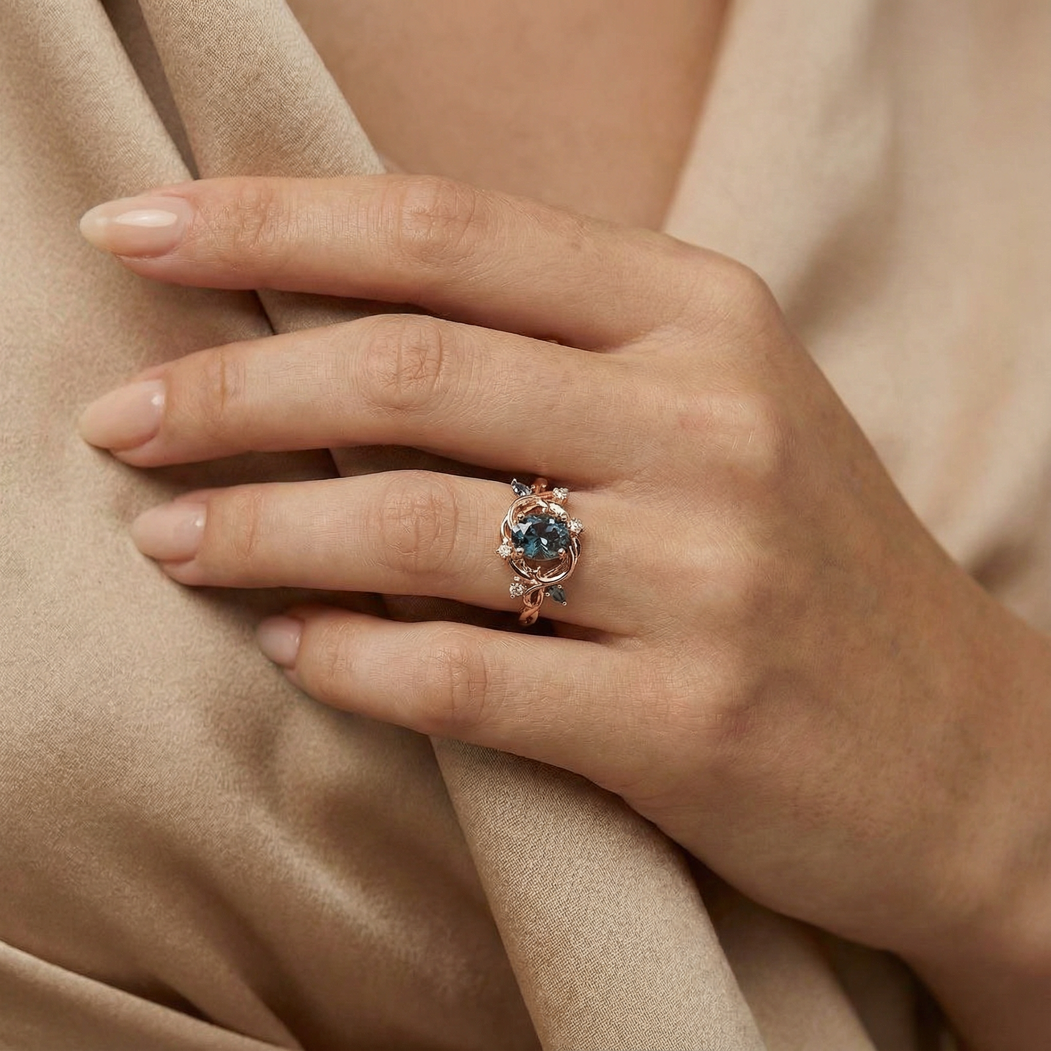 ELEVA - Oval Lab Alexandrite Rose Gold Leaf Ring Floral