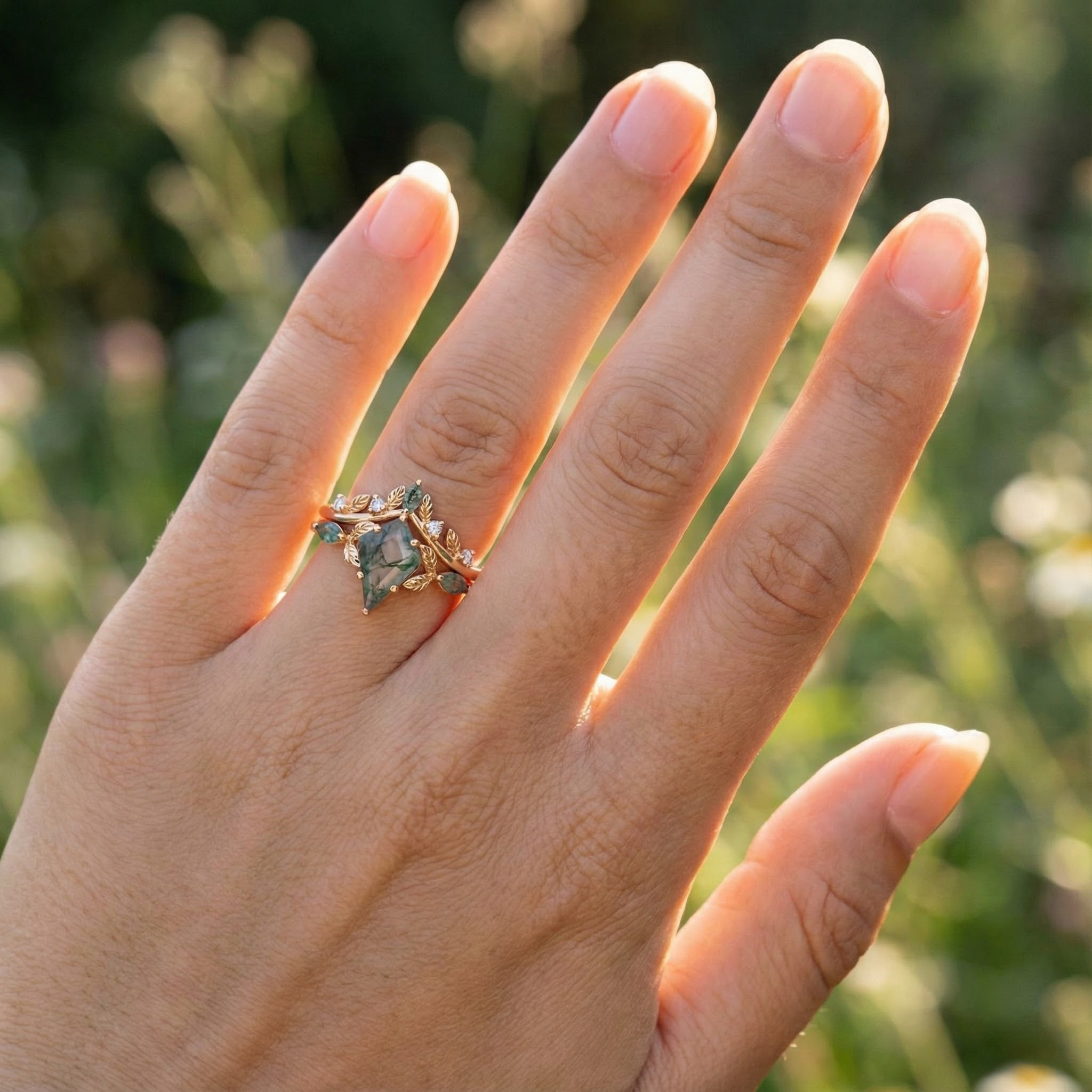 Kite Moss Agate Ring Set with intricate leaf detailing, ideal for eco-conscious fashion enthusiasts.