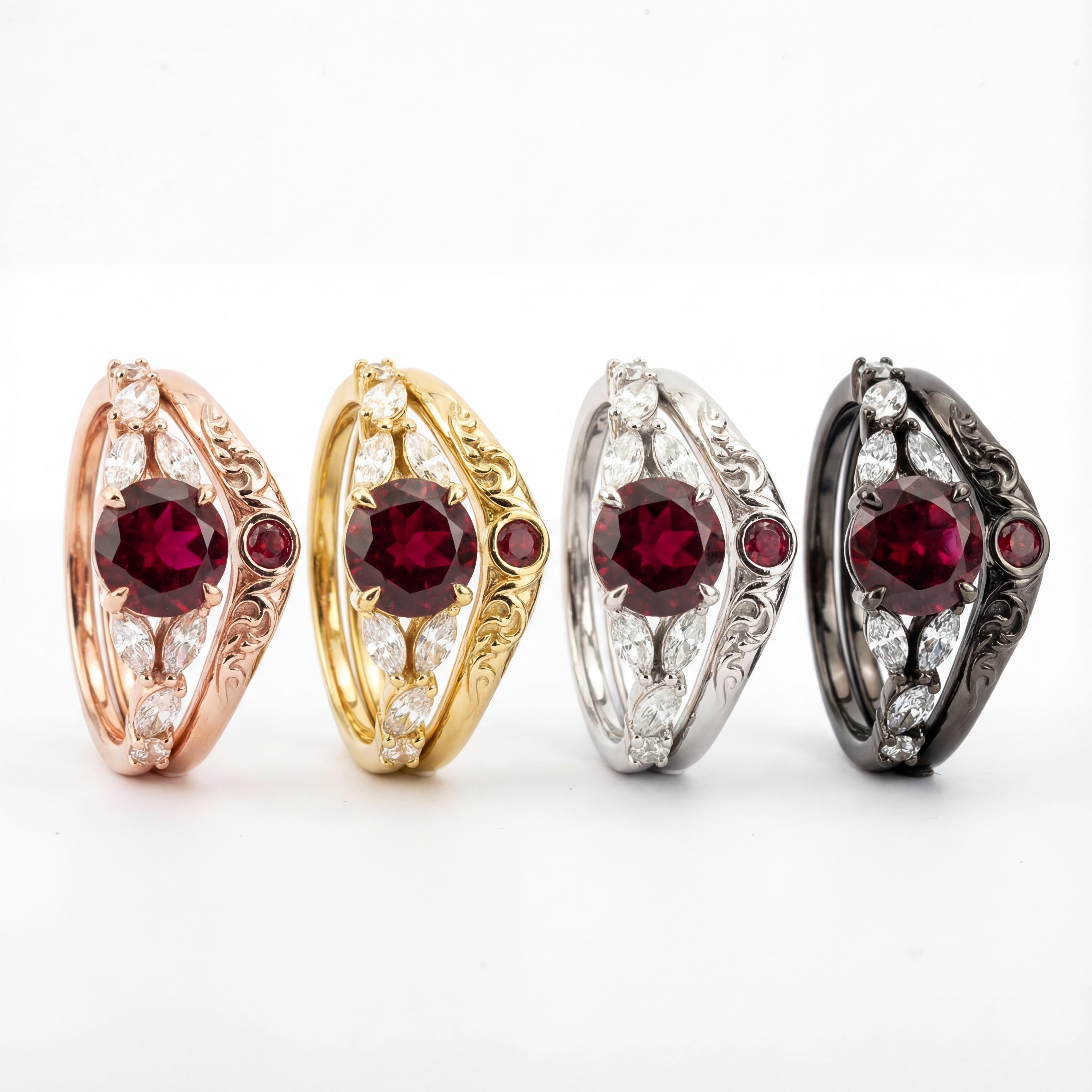 LUMINA - Round Garnet White Gold Ring Set White Gold Wedding Ring For Her Patterned Ring