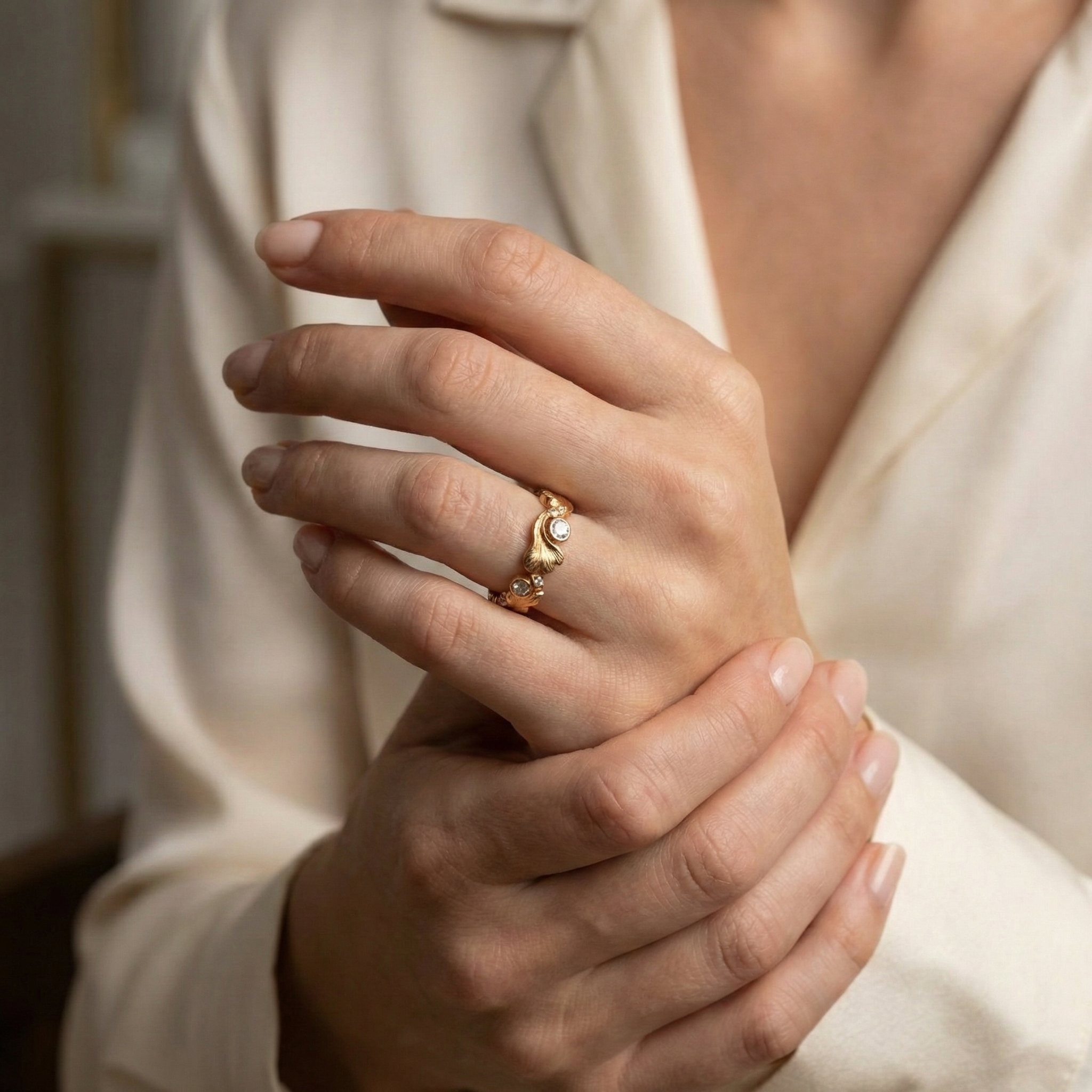 Vintage Handmade Textured Gold Ring With Moissanite.
