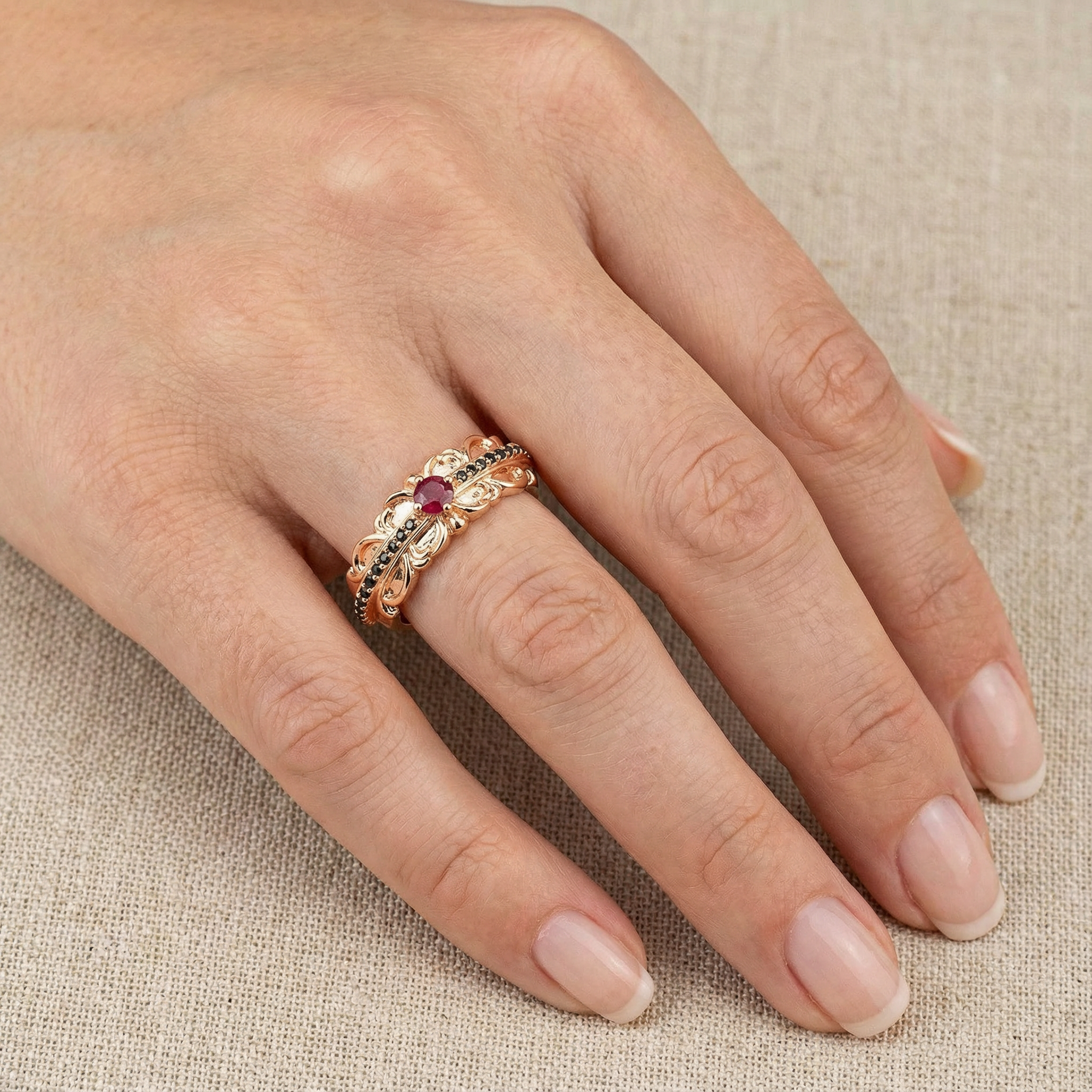 Detailed view of Round Garnet Wedding Band in Rose Gold