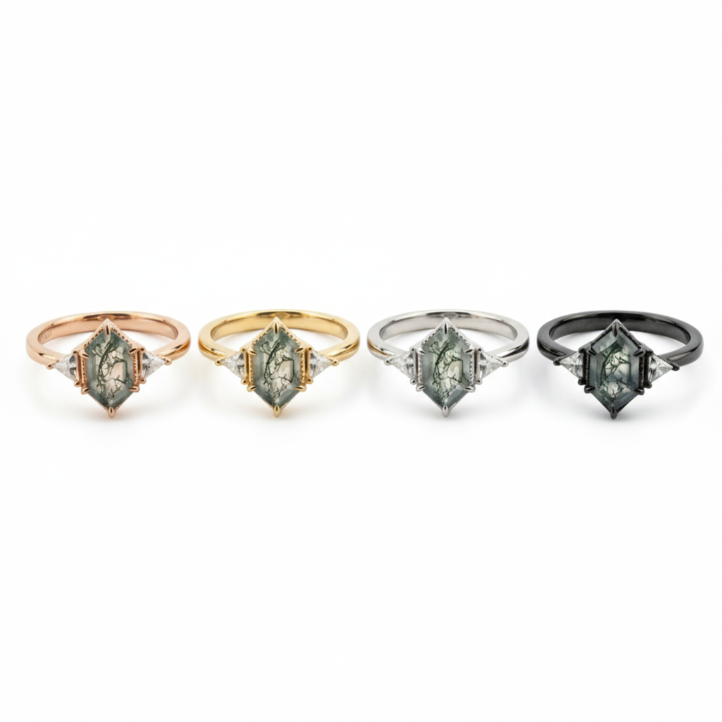 Lifestyle view of Long Hexagon Moss Agate Ring in Rose Gold