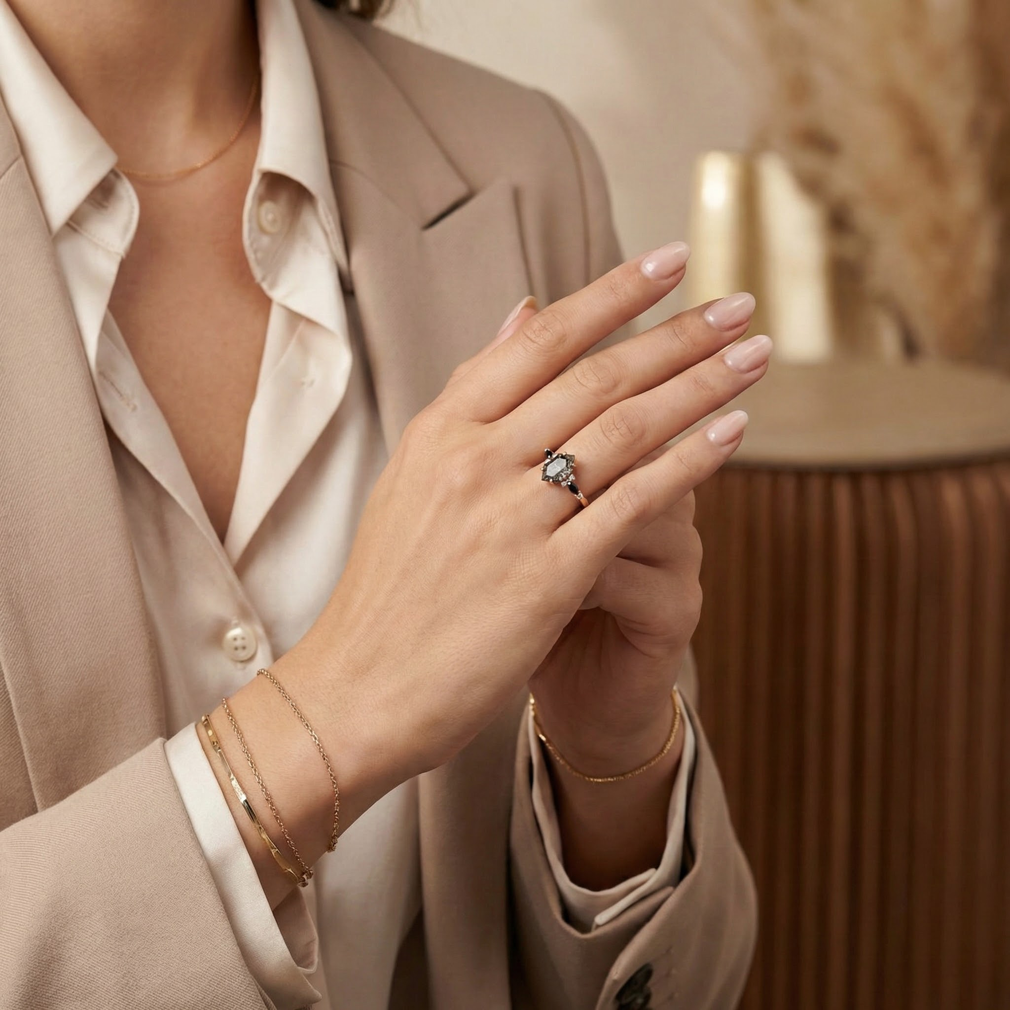 Detailed view of Long Hexagon Black Rutilated Quartz Ring in Gold