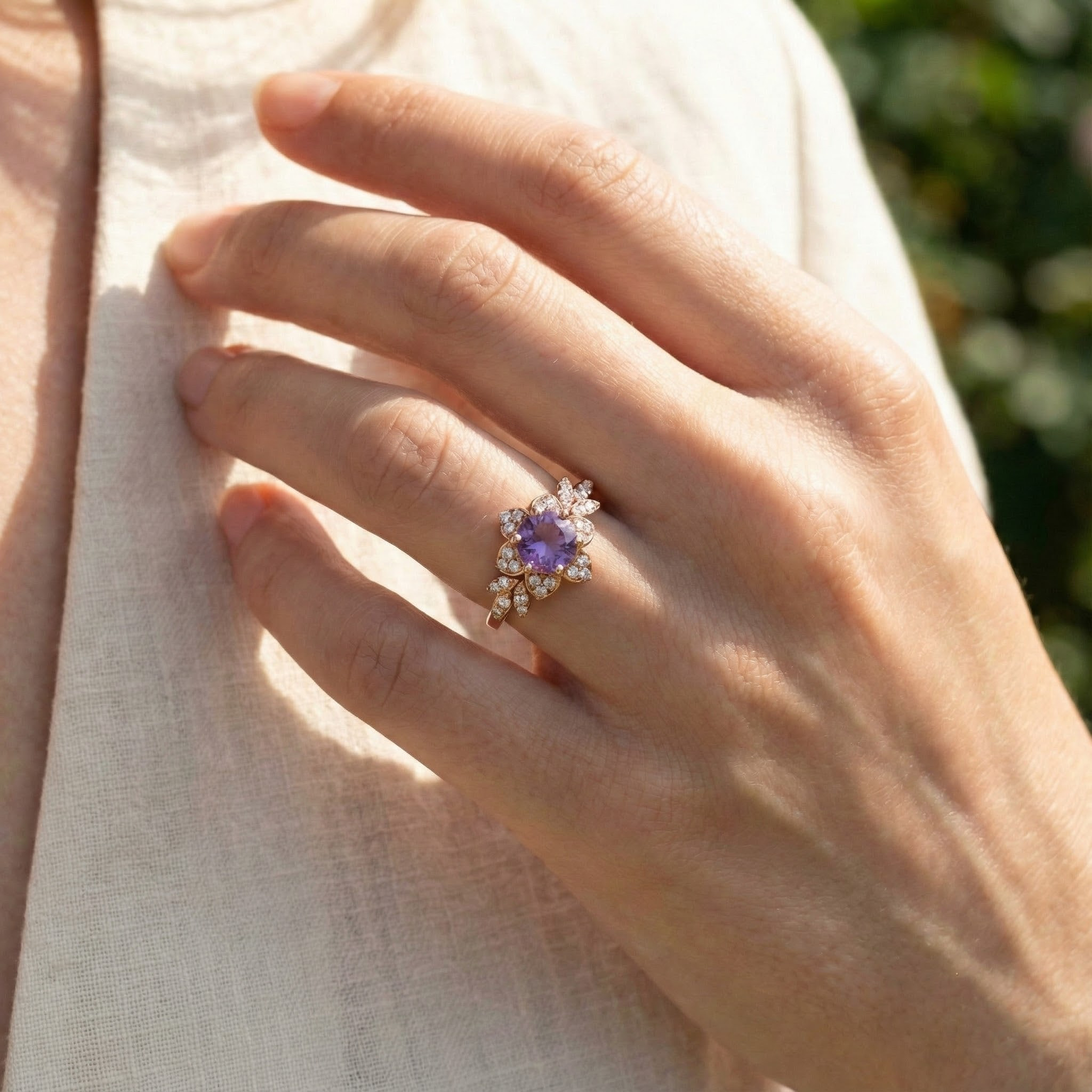 Exquisite round amethyst ring sparkling with luxury and elegance, perfect for a sophisticated touch.