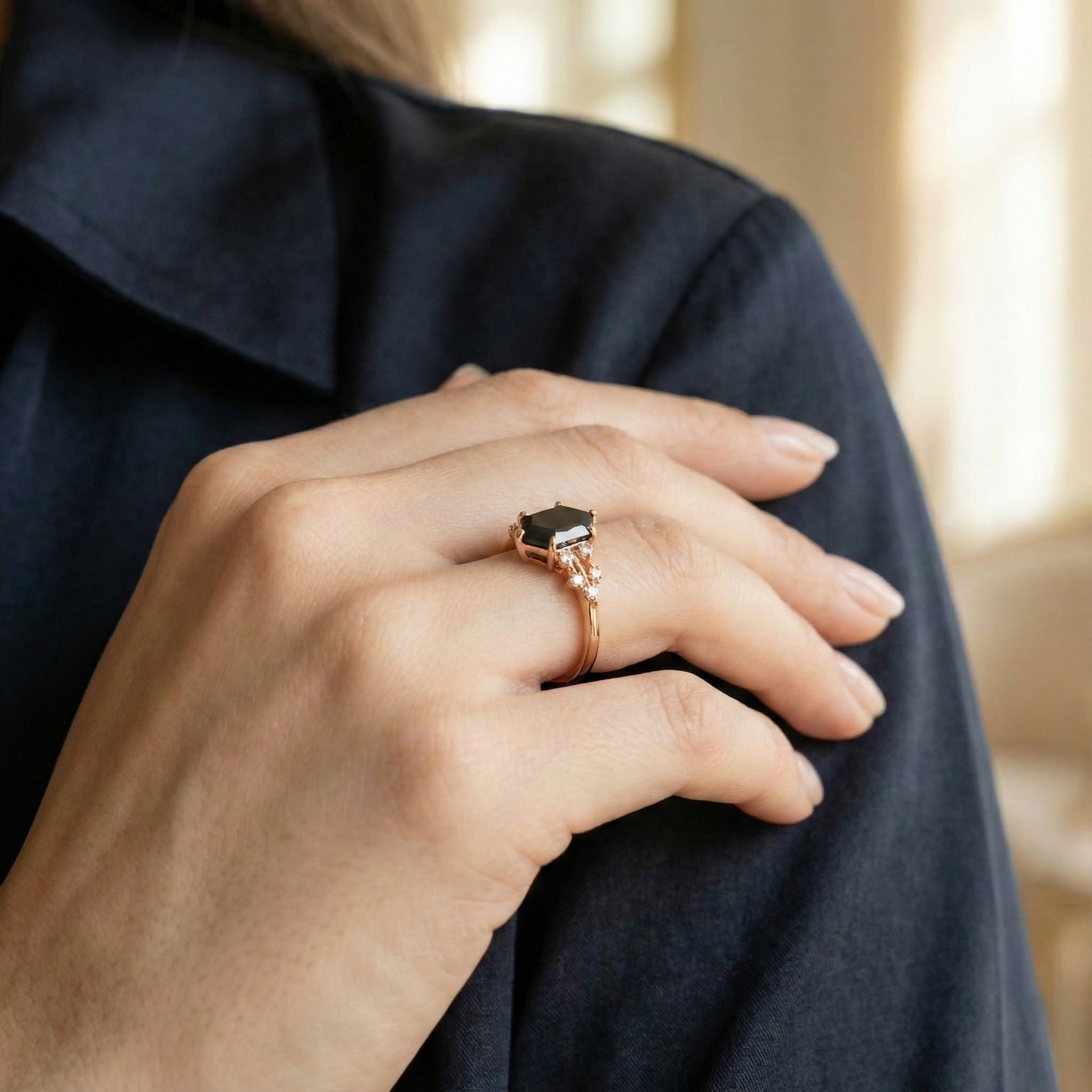 Stunning hexagon black onyx ring for modern engagement with moissanite accent