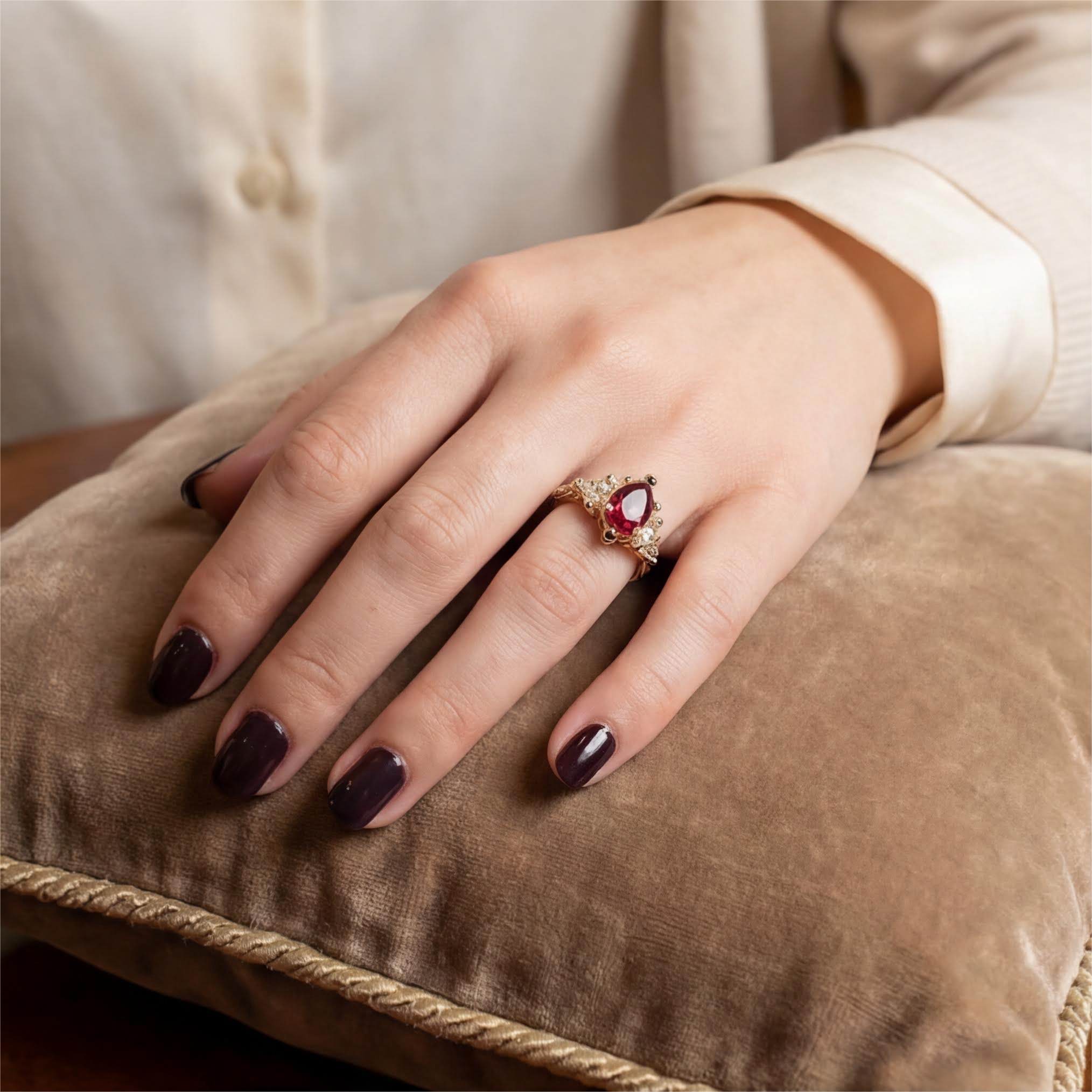 Three-Stone Unique Pear Shaped Garnet Rose Gold Ring with Moissanite&Black Onyx Engagement Ring