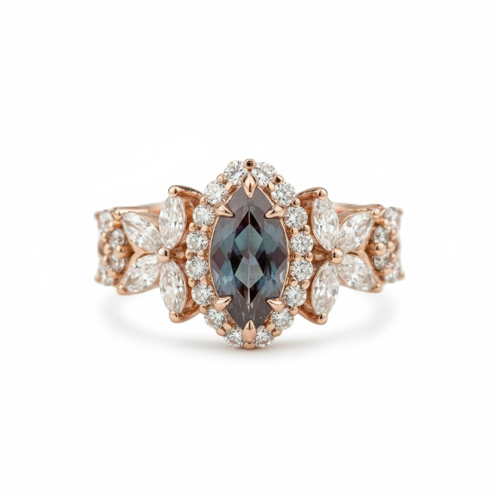 Front view of Marquise Alexandrite Ring in Rose Gold