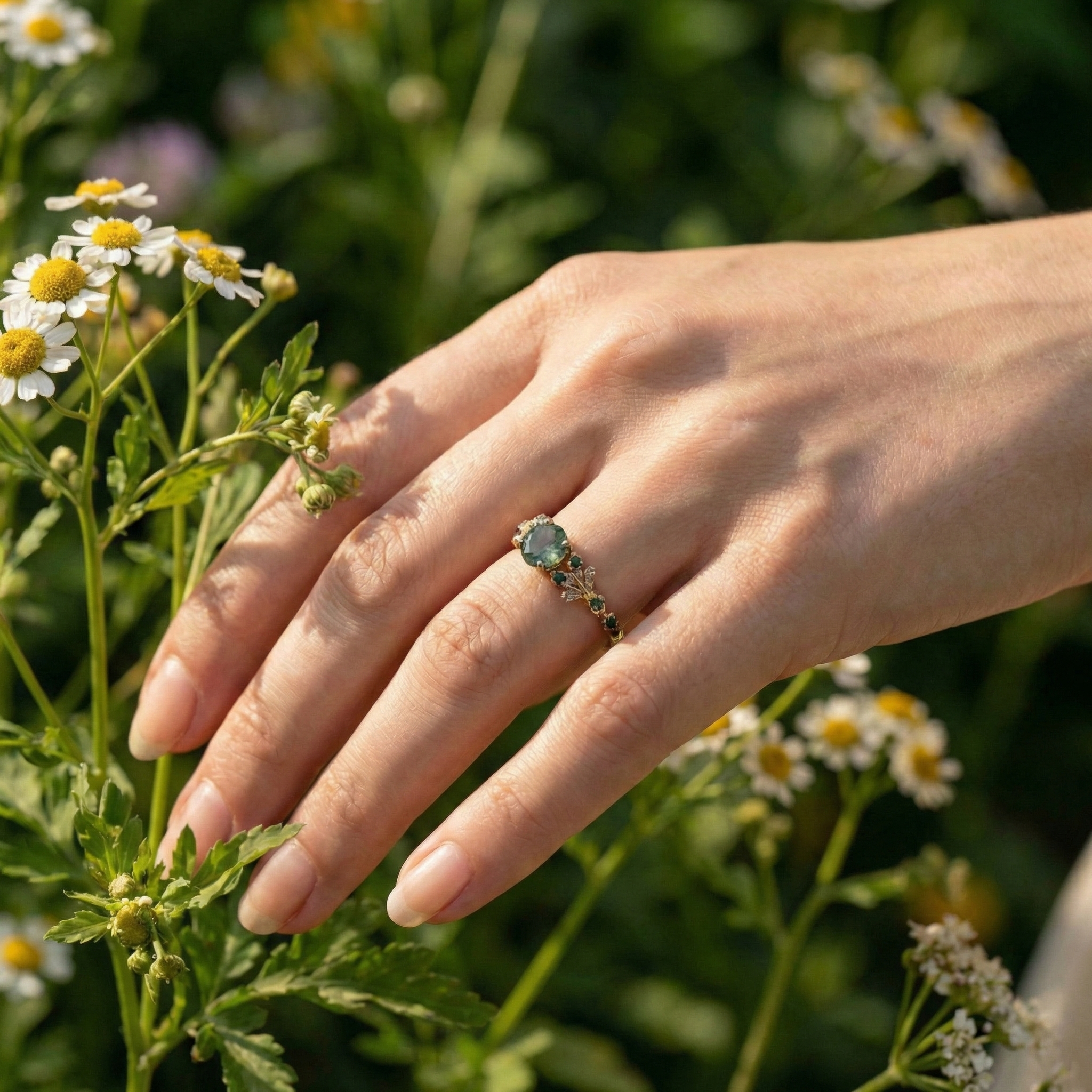 Detailed view of Round Moss Agate Ring in Rose Gold
