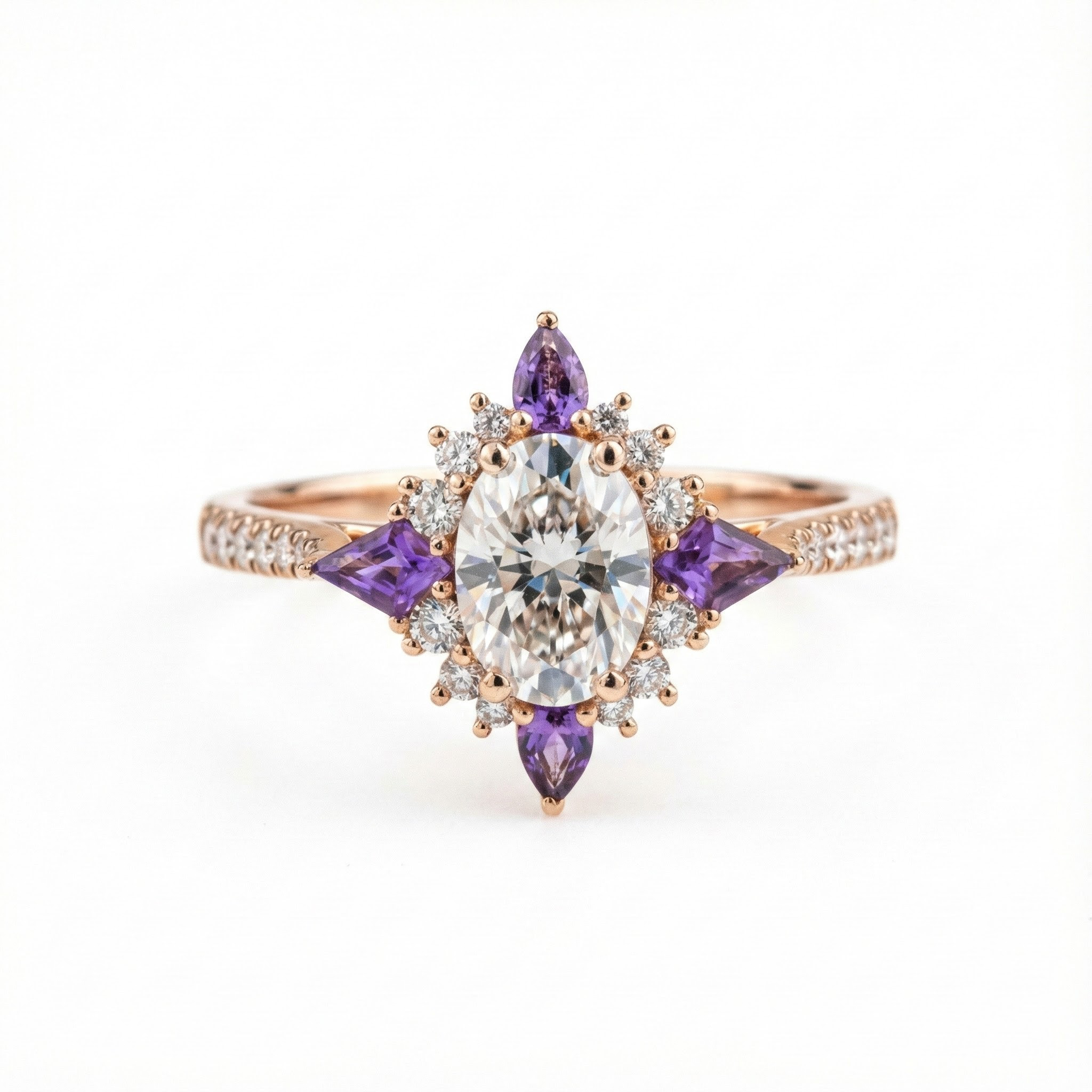 Beautiful oval moissanite gemstone ring with cross amethyst accents for elegant jewelry collection