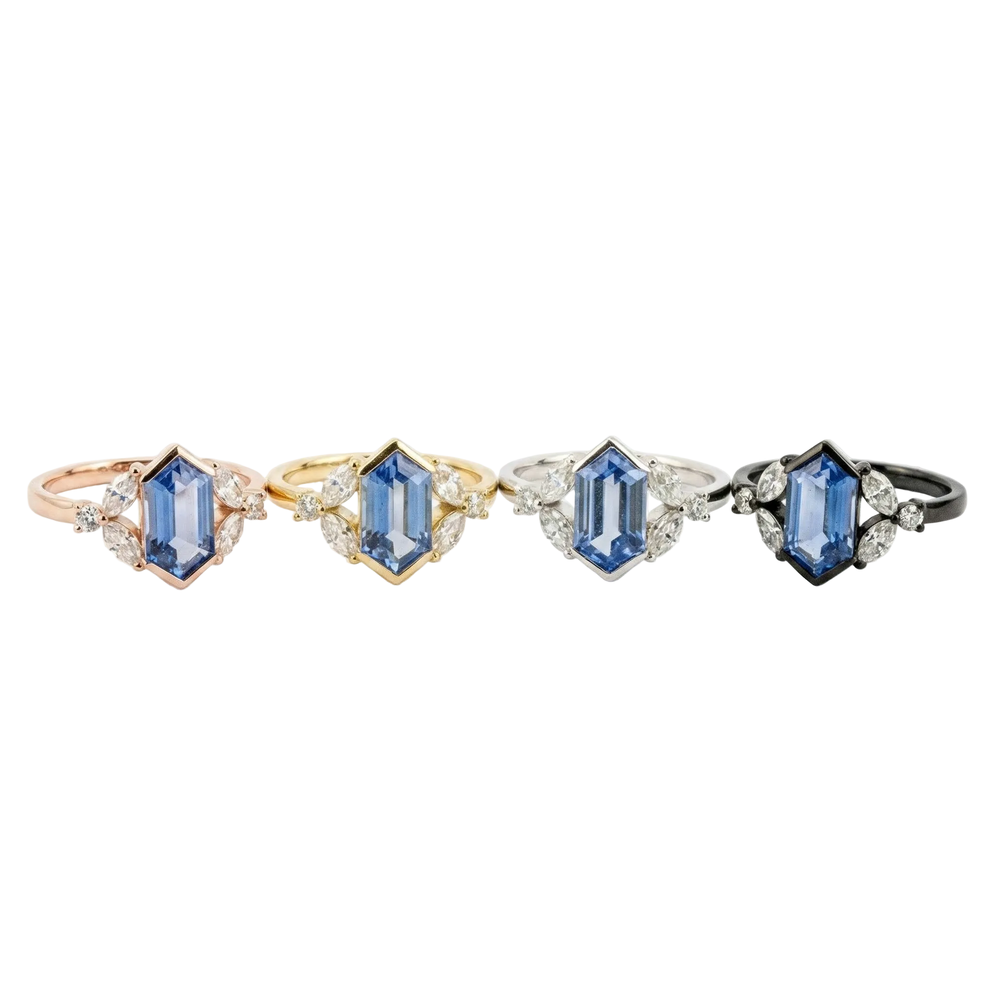 Lifestyle view of Long Hexagon Lab Sapphire Ring in Gold