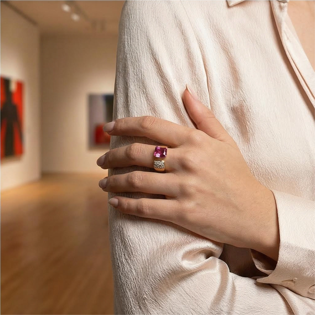 Personalized Double Stone Rings Diamond with Tourmaline Gold Ring Gift For Her