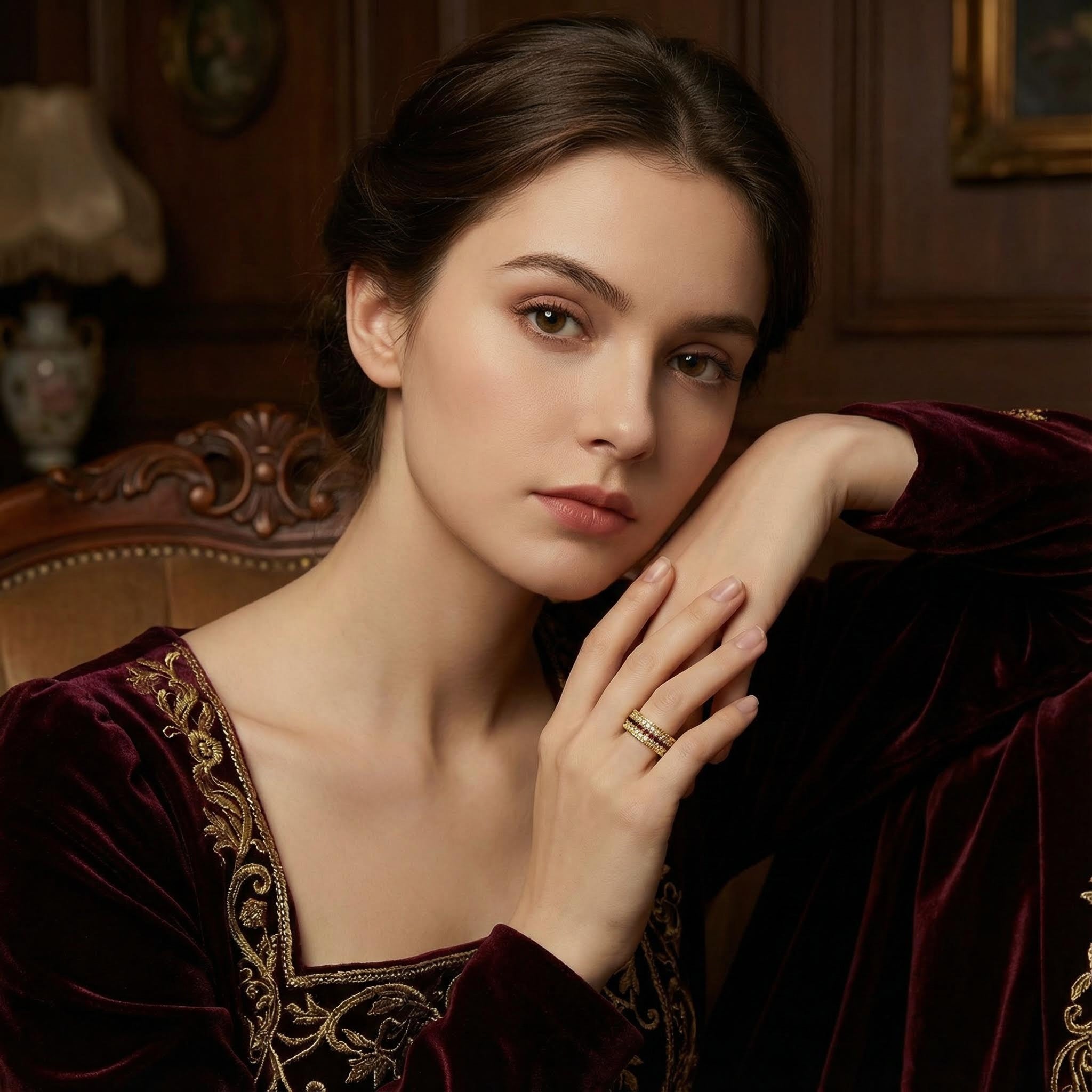 FLUXIS - Yellow Gold Diamond& Garnet Vintage Engagement Ring Classic Style Royal