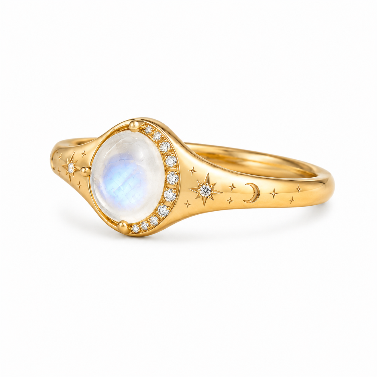 Celestial gold moonstone ring with 6mm round moonstone, moissanite crescent halo, and engraved star moon band