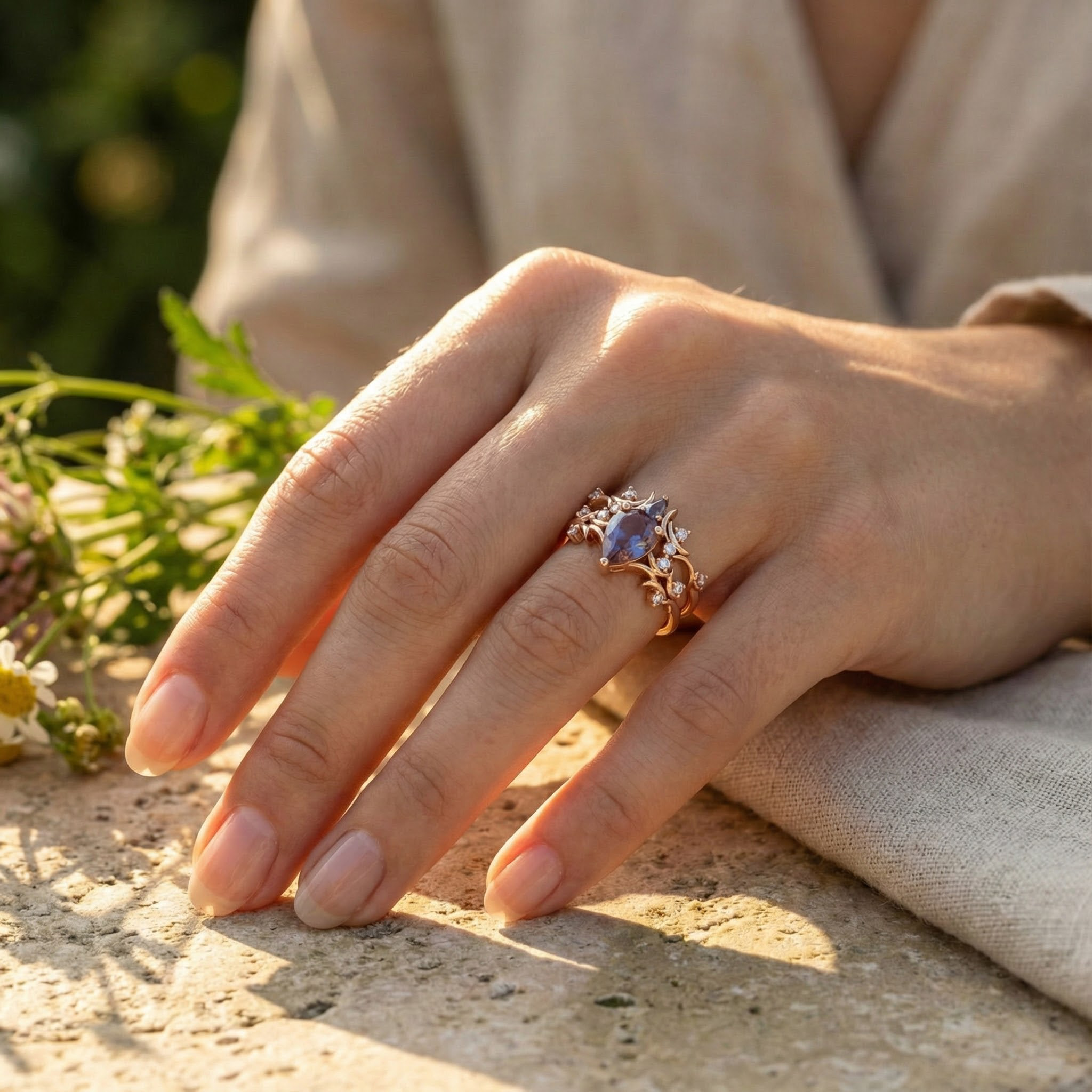 Nature Inspired Luxury Bracelet with Stunning Rose Gold and Pear Alexandrite Accents