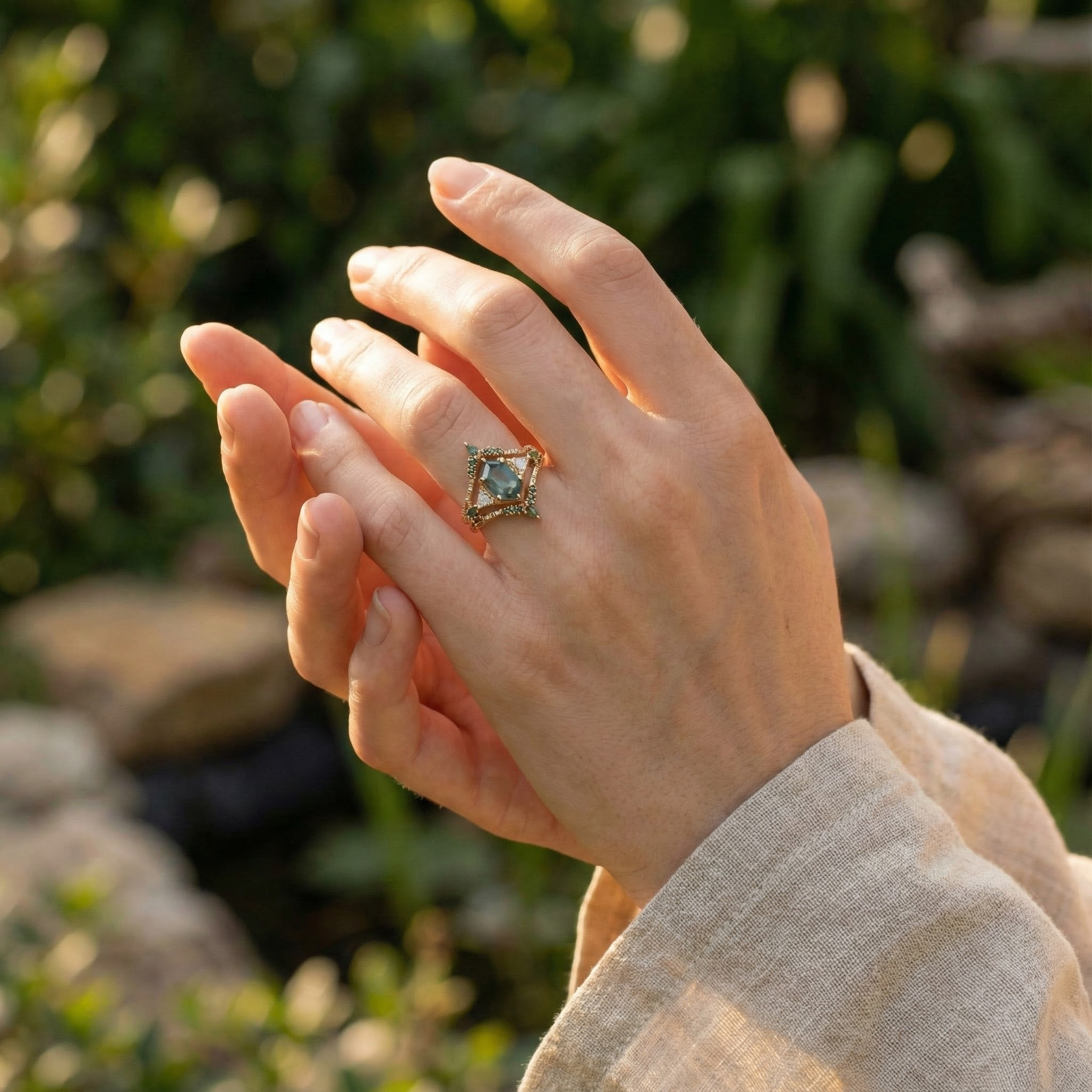 Vintage Hexagonal Moss Agate Nature-Inspired Rings Set Agate Engagement Ring