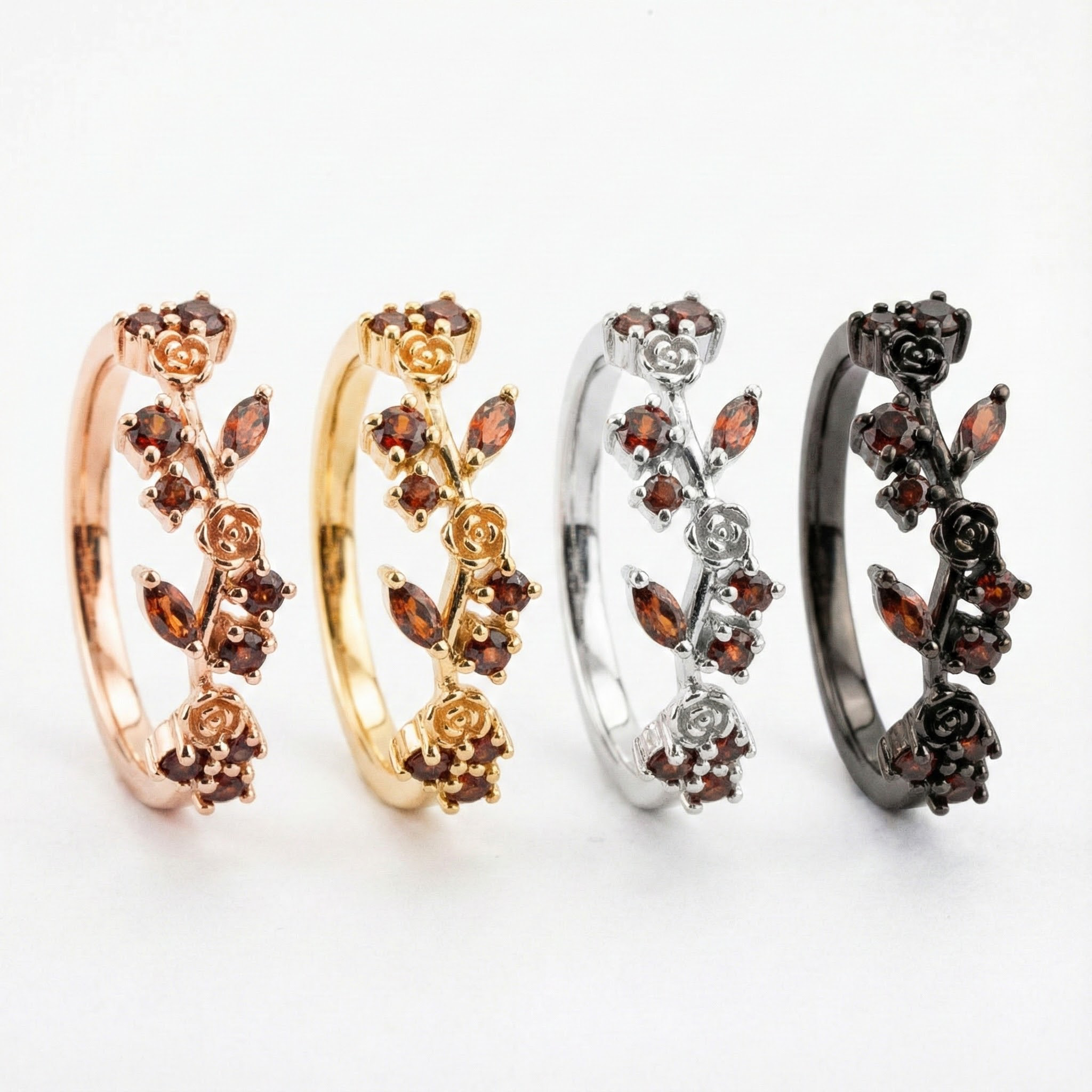 Botanical Elegance - Garnet Rose Gold Leaf Ring Floarl Ring Nature-Inspired Design Engagement Ring