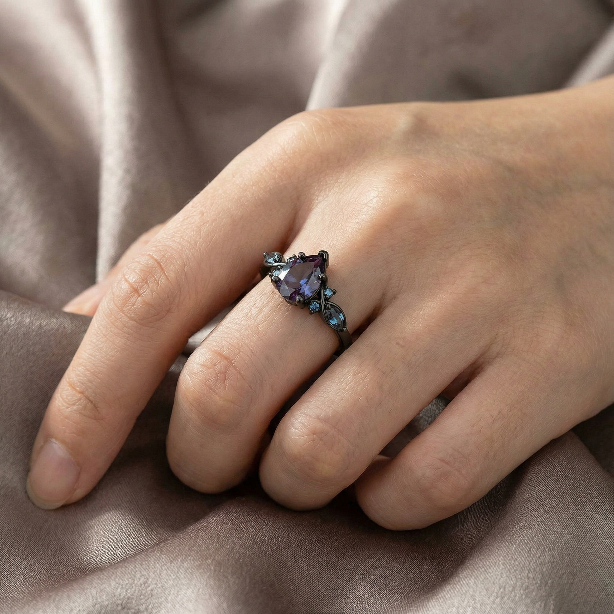 Pear Cut Lab Alexandrite Black Gold Unique Ring Black Gold Engagement Ring Art Deco Ring